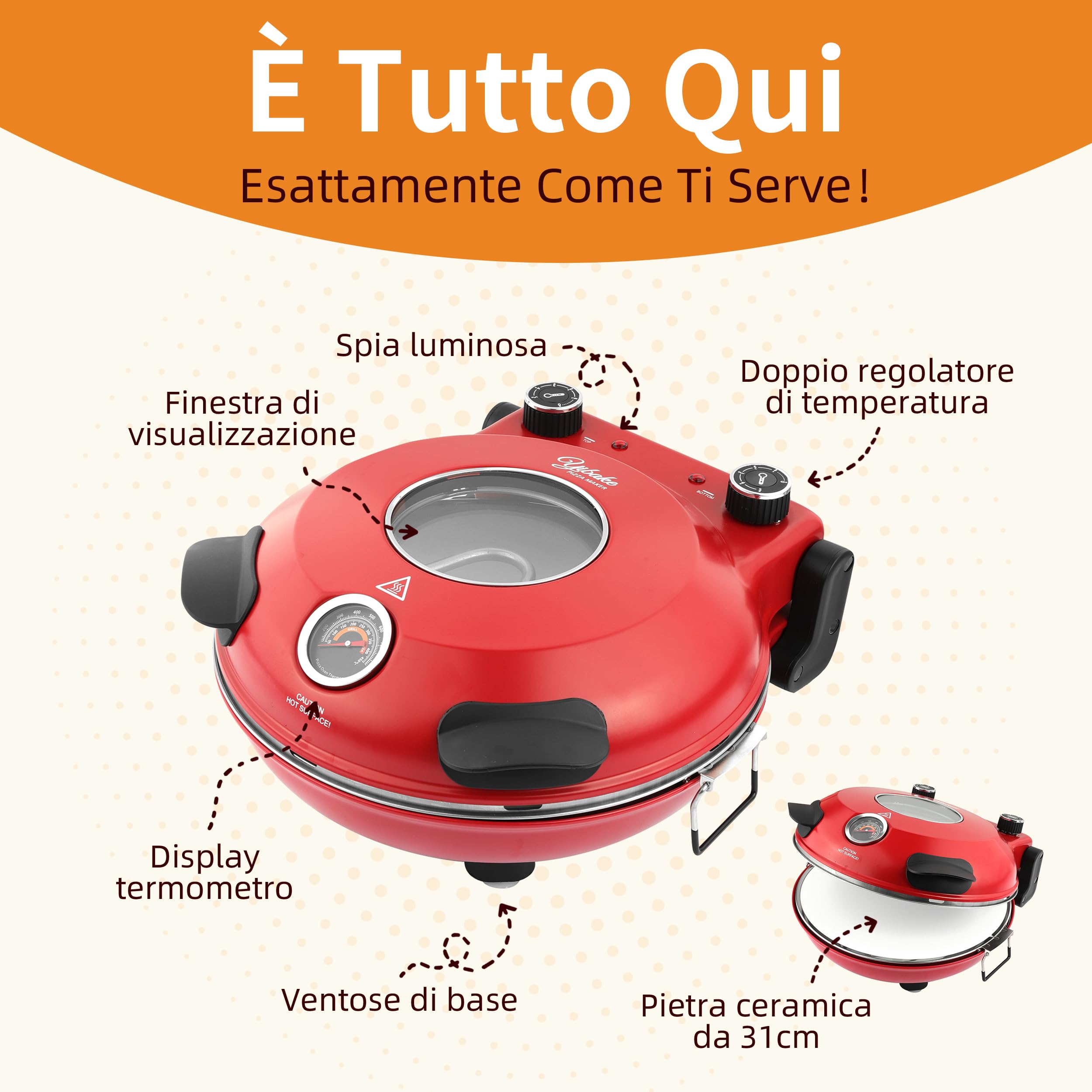 Forno Elettrico per Pizze, Pizza 4' Minuti, Φ 31cm Piastra Pietra Ceramica, Max 420℃ Forno Pizza con 5 livelli di cottura, inkl. Pala per Pizza, Raschietto e Ricette