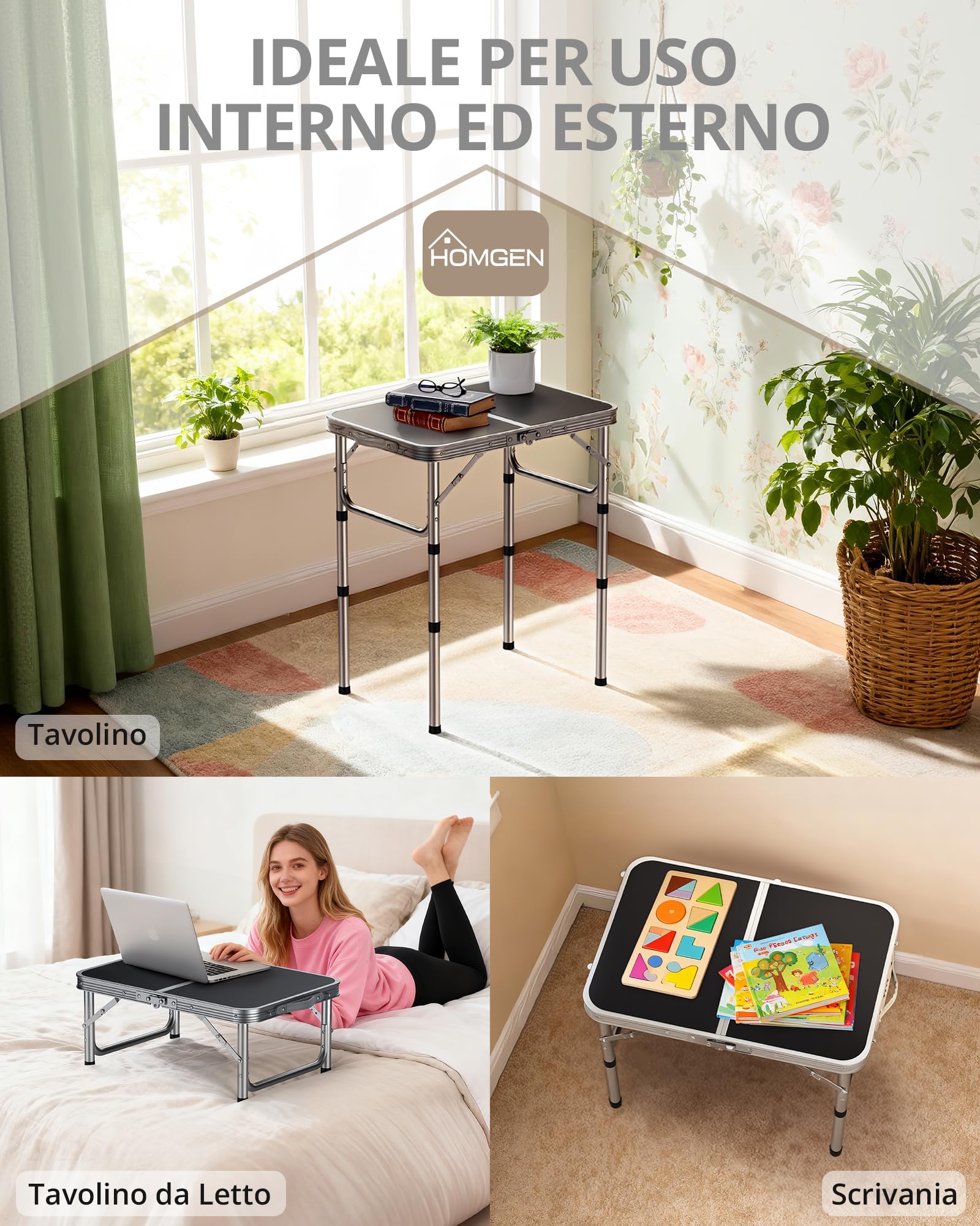 HOMGEN Tavolo da Campeggio Pieghevole 58x40cm Tavolino da Giardino in Alluminio con 3 Altezze Regolabili (25/47/70 cm) Tavolo da Picnic Regolabile Piano in MDF per Giardino/Picnic/Spiaggi/BBQ -Argento