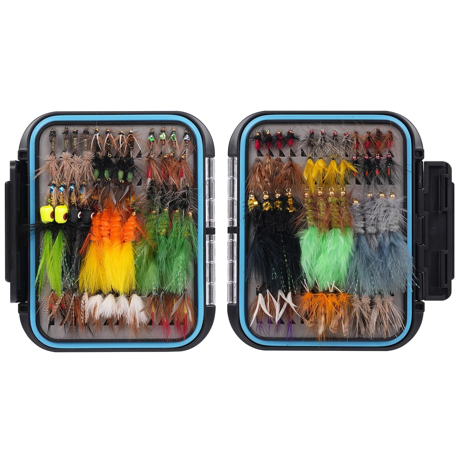 64/108pcs Fly Fishing Flies Assortment Kit for Trout Bass, Dry Wet Nymph Streamer Popper Flies with Waterproof Fly Box