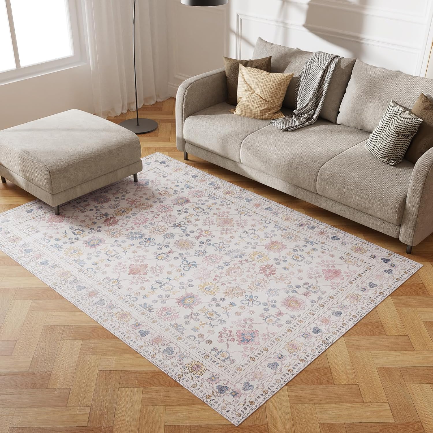 5x7 Washable Area Rug, Low Pile Faux Wool Carpet for Living Room, Bedroom, Dining Room, Vintage Flower Design, Non-Shedding Low-Pile Rug in Green for High-Traffic Areas with Non-Slip Rubber Back