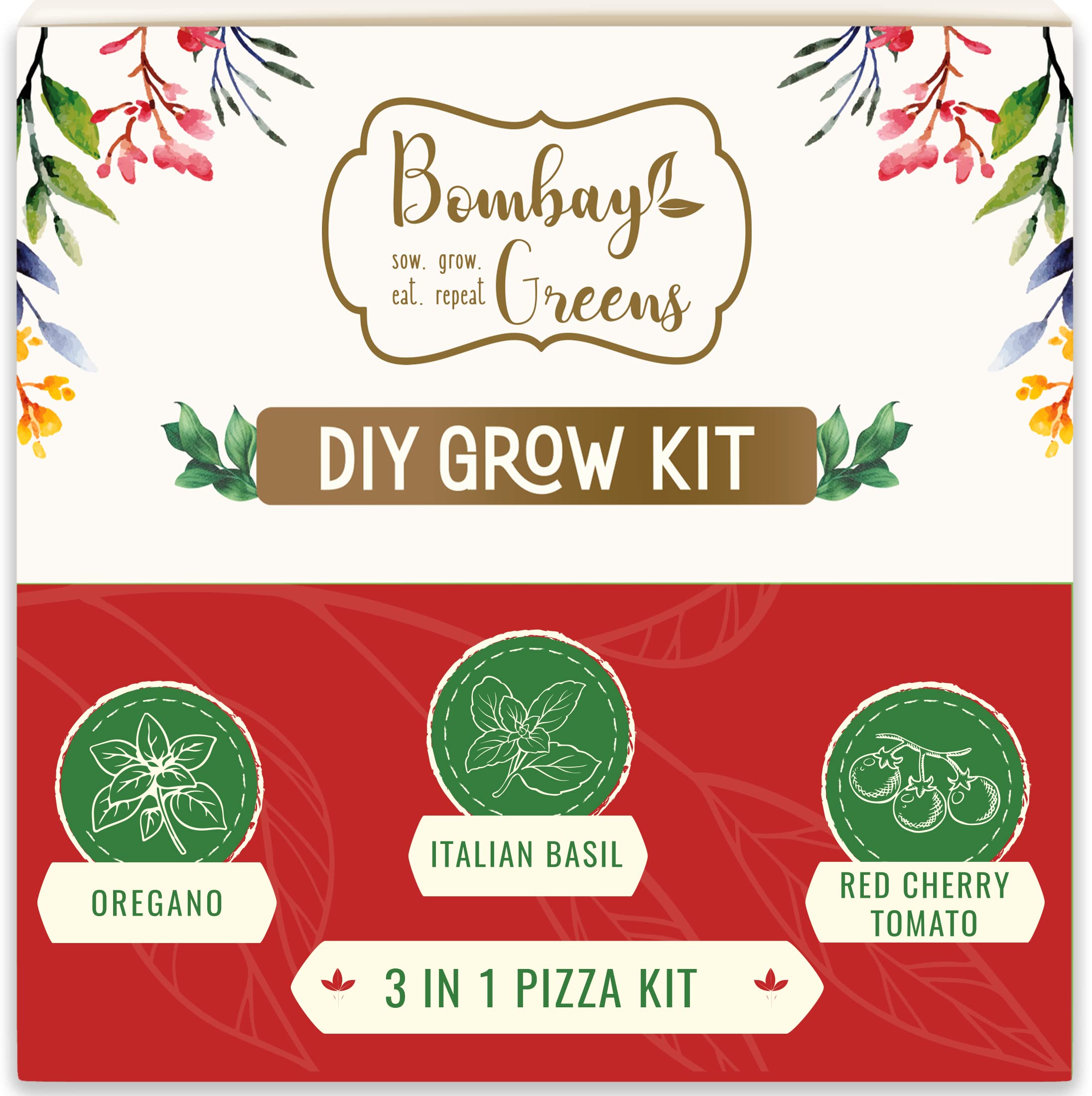 3 in 1 DIY Grow Kit by Bombay Greens | Pizza Gardening Kit | Grow Your Own Pizza Kit - Italian Basil, Oregano & Red Cherry Tomatoes Plant | DIY Kit of Pizza for Home Garden