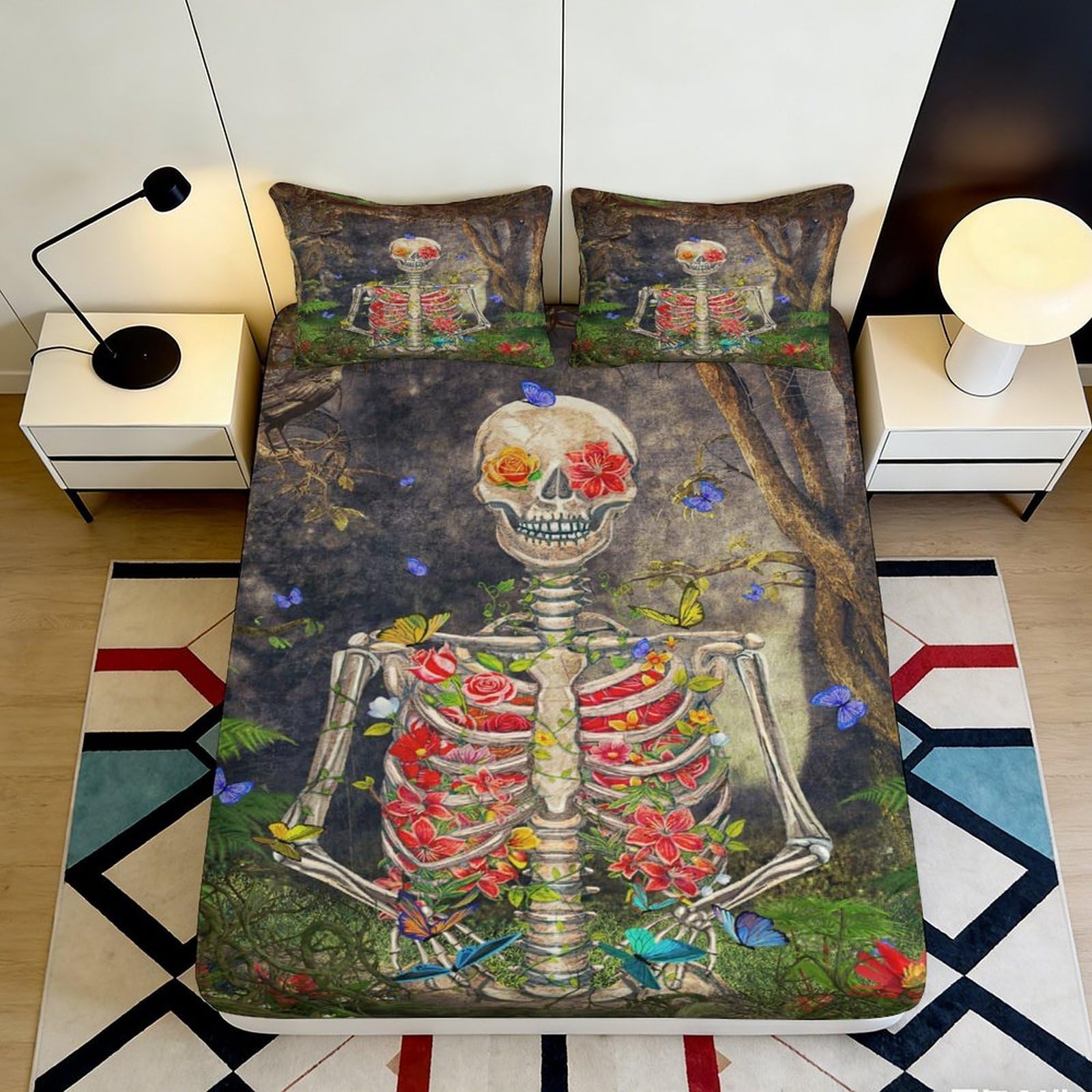 3D Printed Floral Skeleton Fitted Sheet Microfiber Non-Slip Deep Pocket Skull Mattress Fitted Cover Washable Bedroom Bedding 140x200x25cm