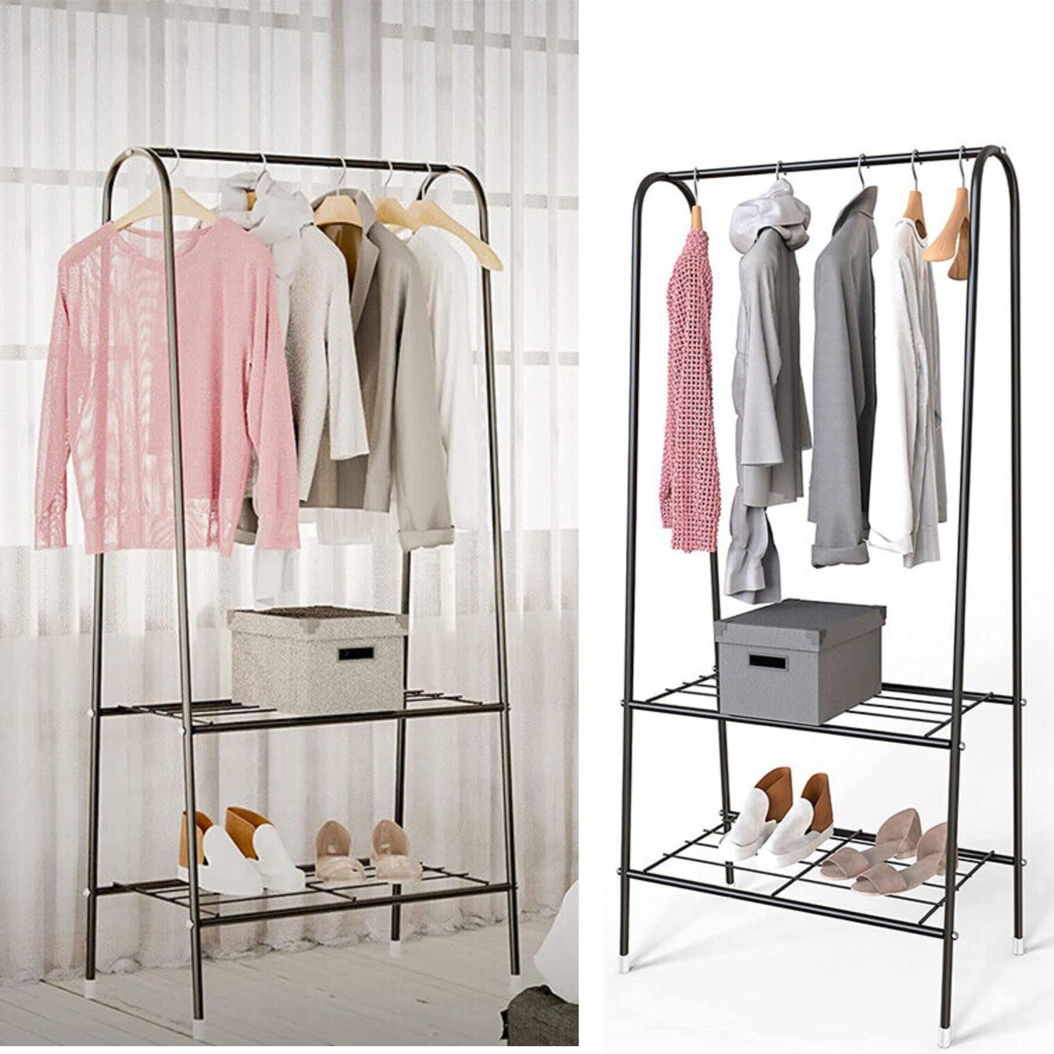 Heavy Duty Metal Double Clothes Rail Hanging Rack Garment Display Stand Storage Shelf Display (Black)