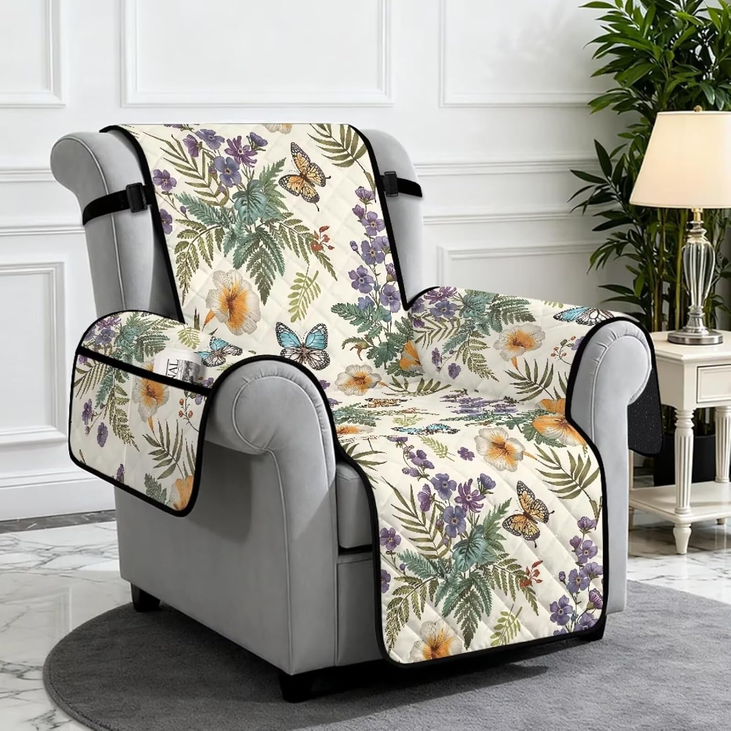 Butterfly Flower Leaf Print Non Slip Recliner Slipcovers, Washable Lazyboy Recliner Chair Cover for Pet Living Room, Stay in Place Fitted Reclining Slipcover Soft with Elastic