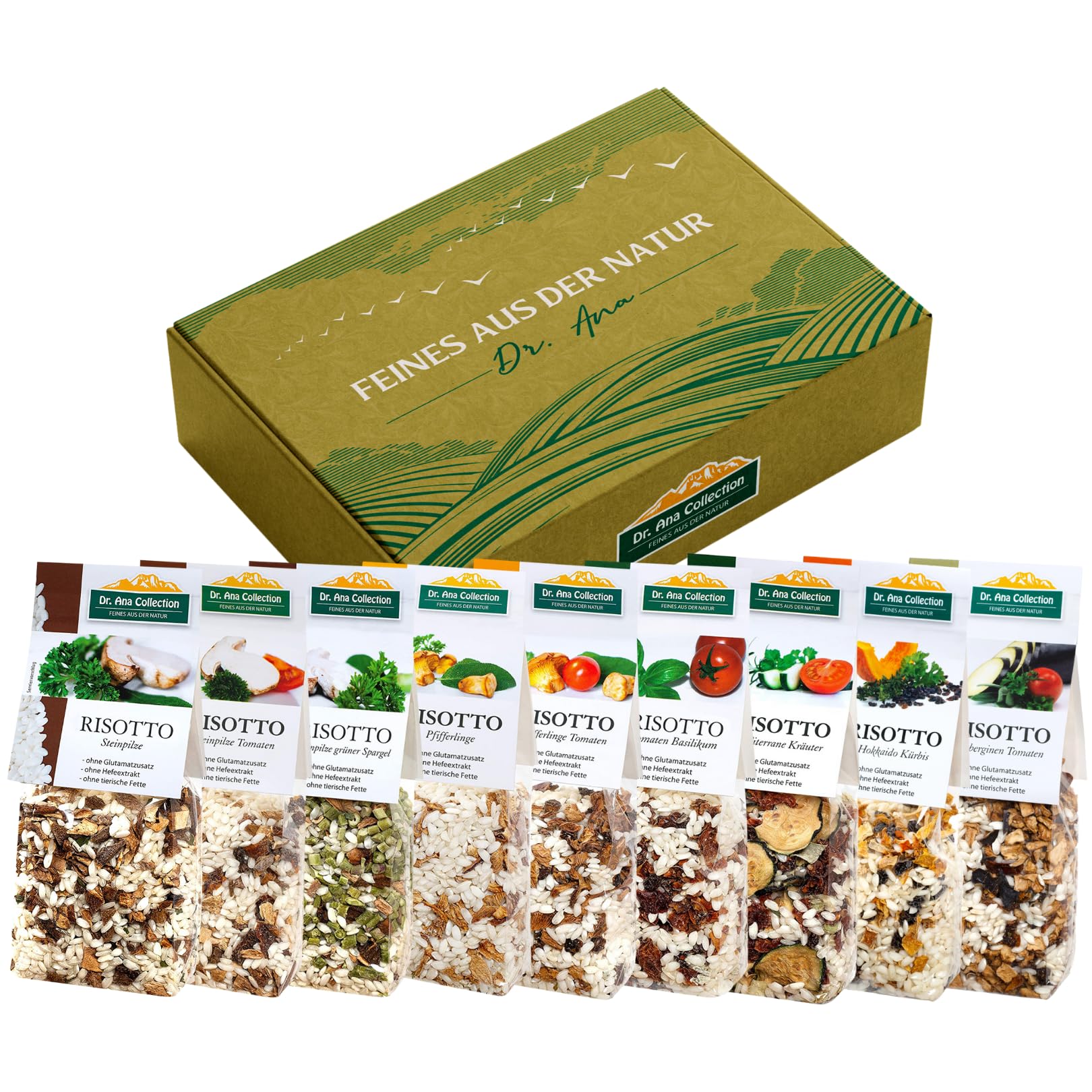 Dr. Ana Collection 9 vegane Risottos Probierpaket I italienische Spezialität I glutenfreie Risotto-Fertigmischungen mit 100% italienischem Arborio Reis I hergestellt in Manufakturarbeit I 9 x 200g