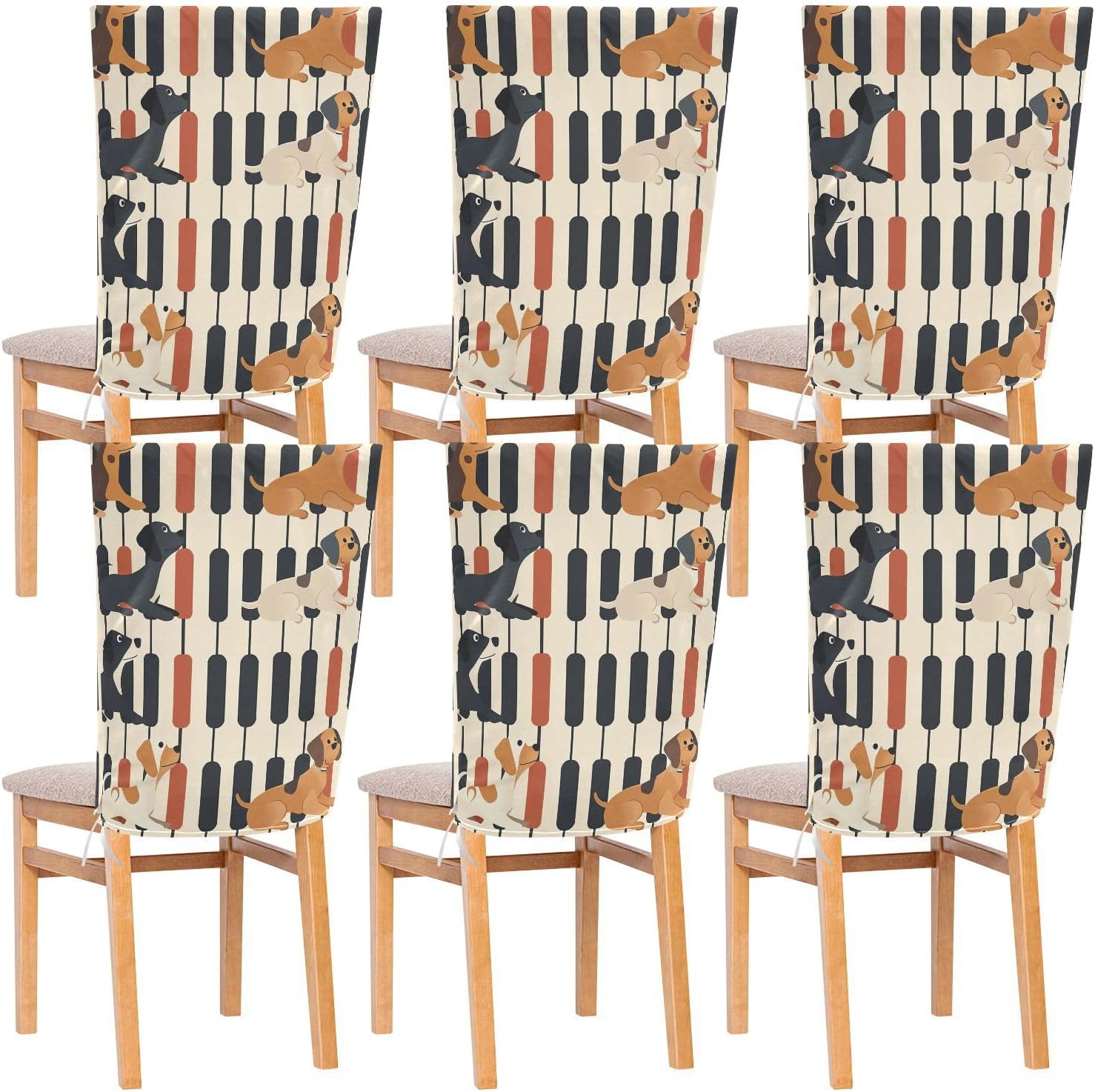 ALAZA Dogs and Piano Keys Chair Back Cover Set of 6, Washable Reusable Removable Chair Slipcovers Decorative Chair Cover for Home Kitchen Wedding Party