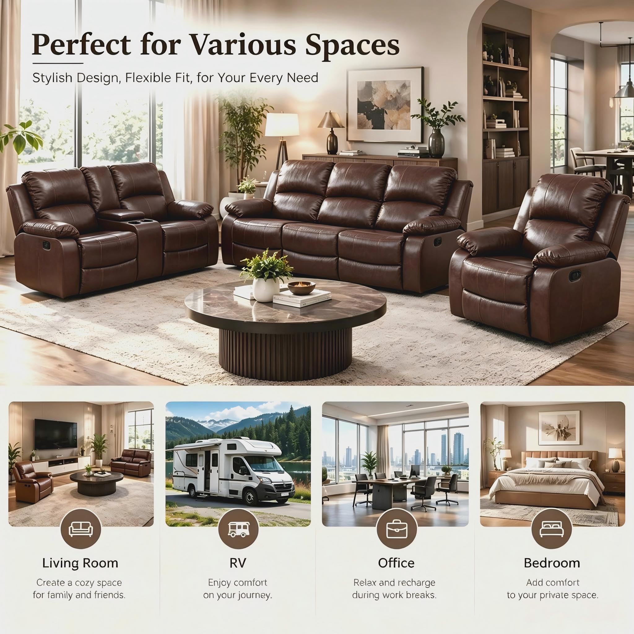 Toseslo Manual Reclining Couch Sofa Set with Drop-Down Table, 3 Pieces Brown Leather Recliner Couch Sets, Living Room Furniture Sets, Recliner Sofa with Storage Console/Cup Holder for Home/Apartment view 9