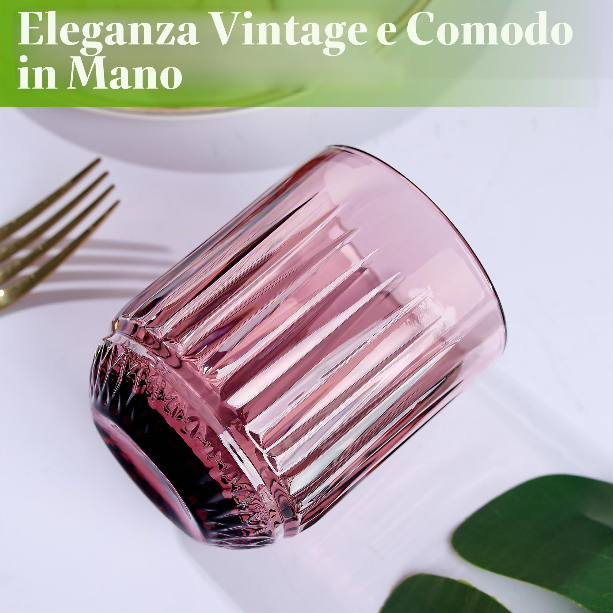 Joeyan 26cl Multicolore Bicchieri da Acqua in Vetro, Set di 4 Tumbler con Costolature Rilievo Per Acqua Gassata,Aperitivo,Succo di Frutta e Bibite, Lavabile in Lavastoviglie (Verde Rosa Blu Grigio)