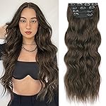 ALXNAN Clip in Hair Extensions for Women,Chocolate Brown with Dark Brown Long Wavy Hair Extensions Clip Ins 4PCS 20 Inch Synthetic Soft and Natural Thick Hair Pieces for Women