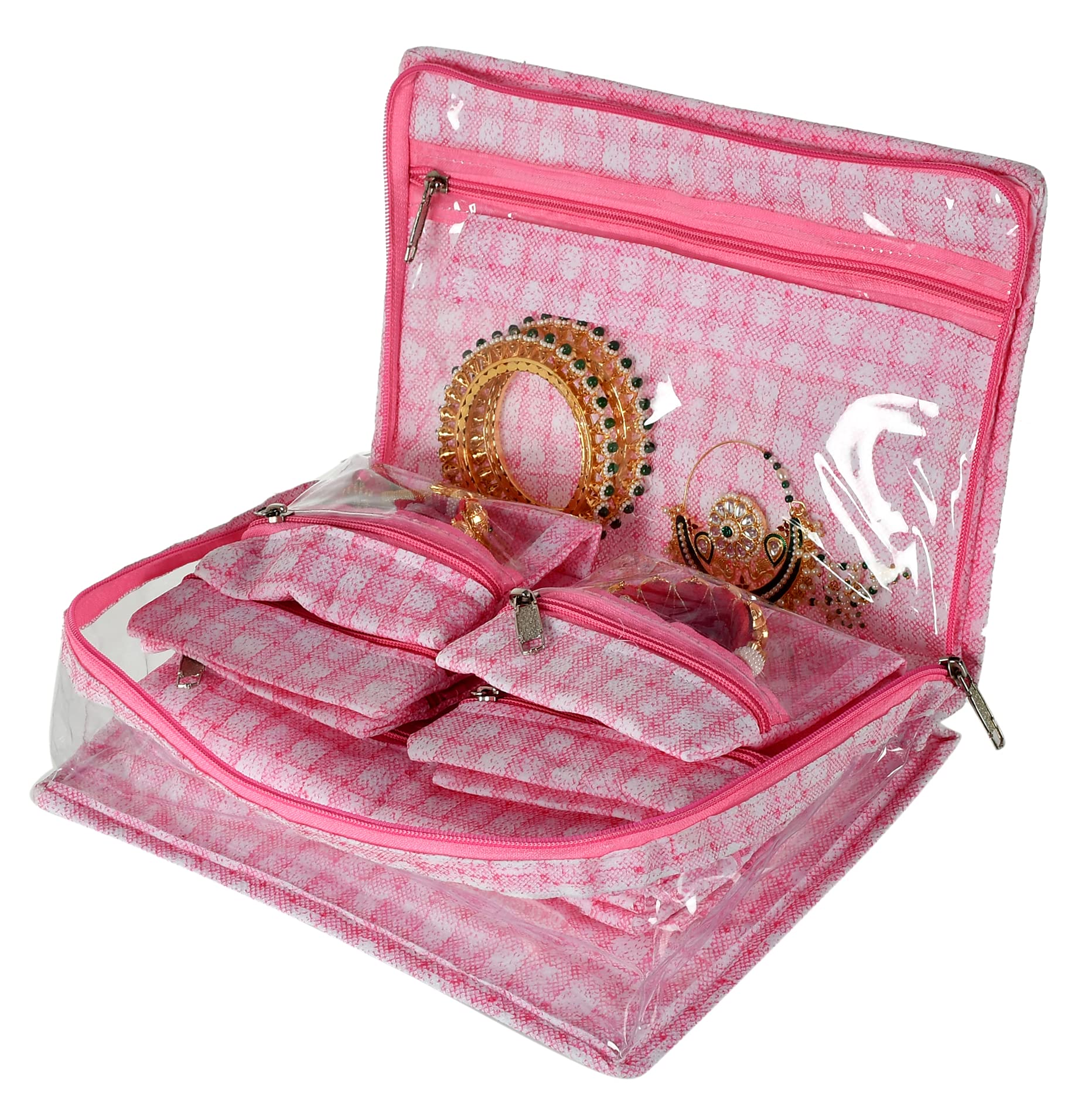Kuber Industries Check Design Laminated PVC Multipurpose Jewellery Storage Bag/Travel Kit With 13 Tranasparent Pouches (Pink)-HS_38_KUBMART21262