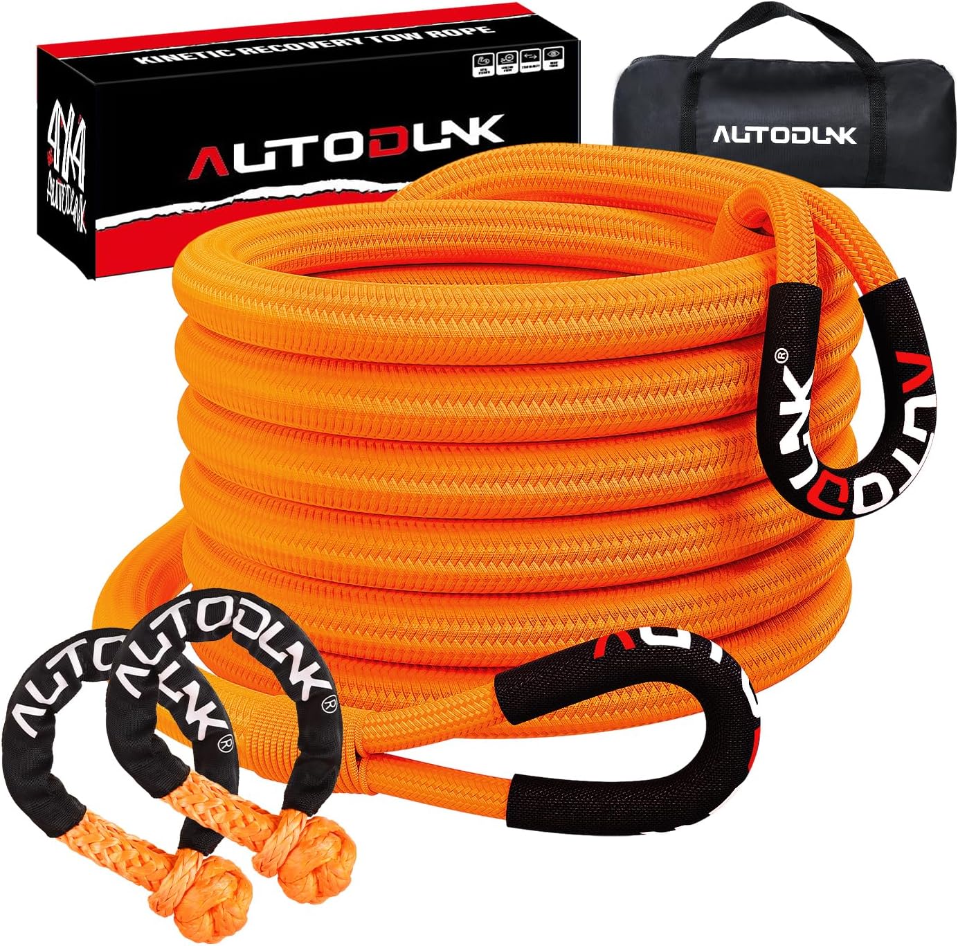 1-1/8" x 30' Kinetic Recovery Tow Rope (48,600lbs), with 2 Soft Shackles Offroad Recovery Kit for 4WD Pick Up Truck, SUV, ATV, UTV (Orange)