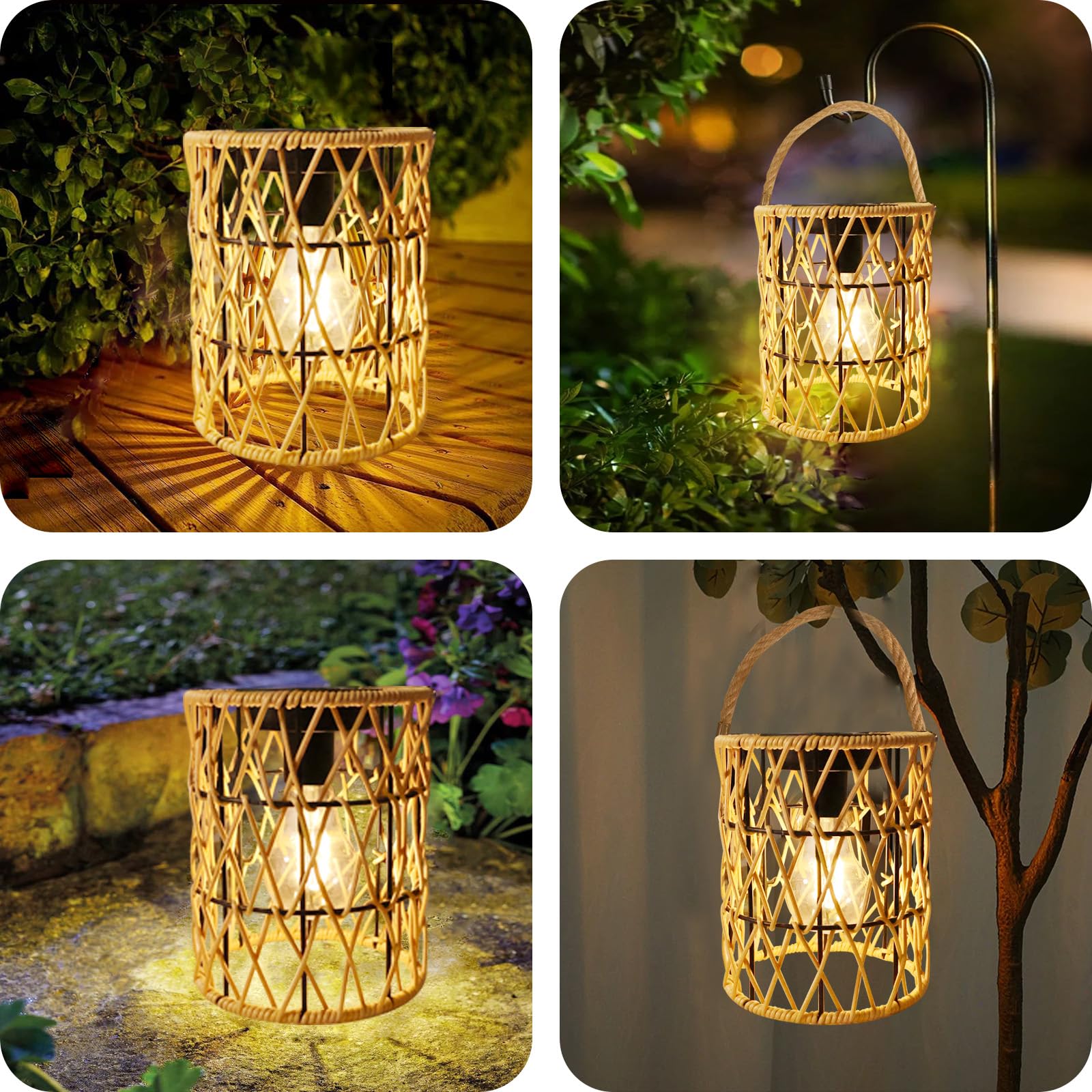 Lanterne solari da appendere per esterni, impermeabili, confezione da 2 luci solari in rattan, decorazione per cortile, giardino, sentiero, sentiero, tavolo