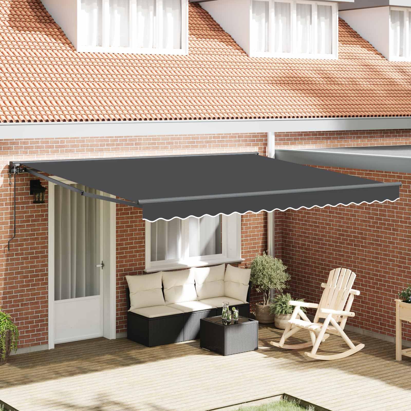 Toldo de brazo articulado para terraza, toldo retráctil, semicasete, antracita, 400 x 300 cm, manivela manual, mando a distancia eléctrico, tela de poliéster recubierta de poliuretano