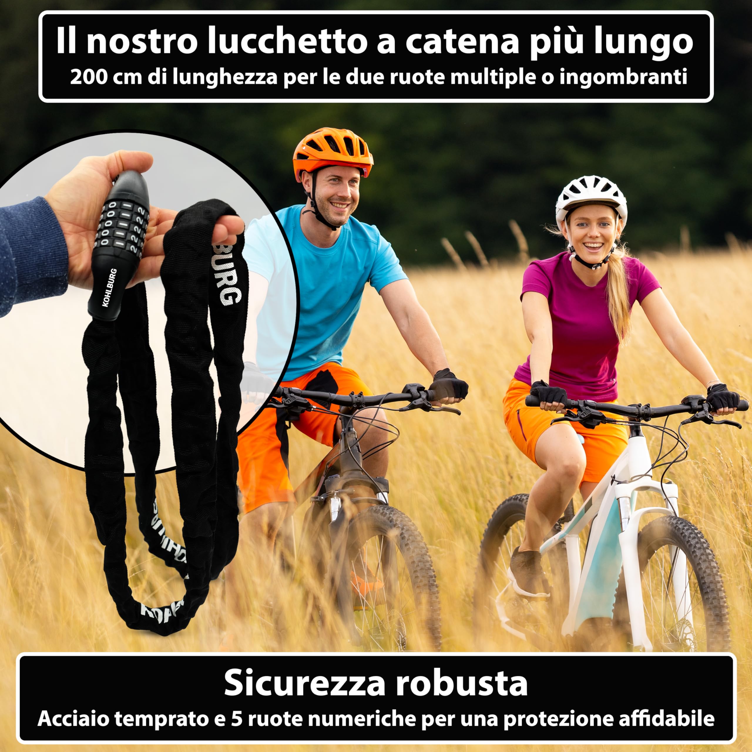 KOHLBURG Antifurto a combinazione 200 cm, Lucchetto in acciaio speciale da 6 mm, 2 m con codice numerico, Catena antifurto 200cm extra lunga con combinazione numerica per bicicletta, e‑bike, e‑scooter