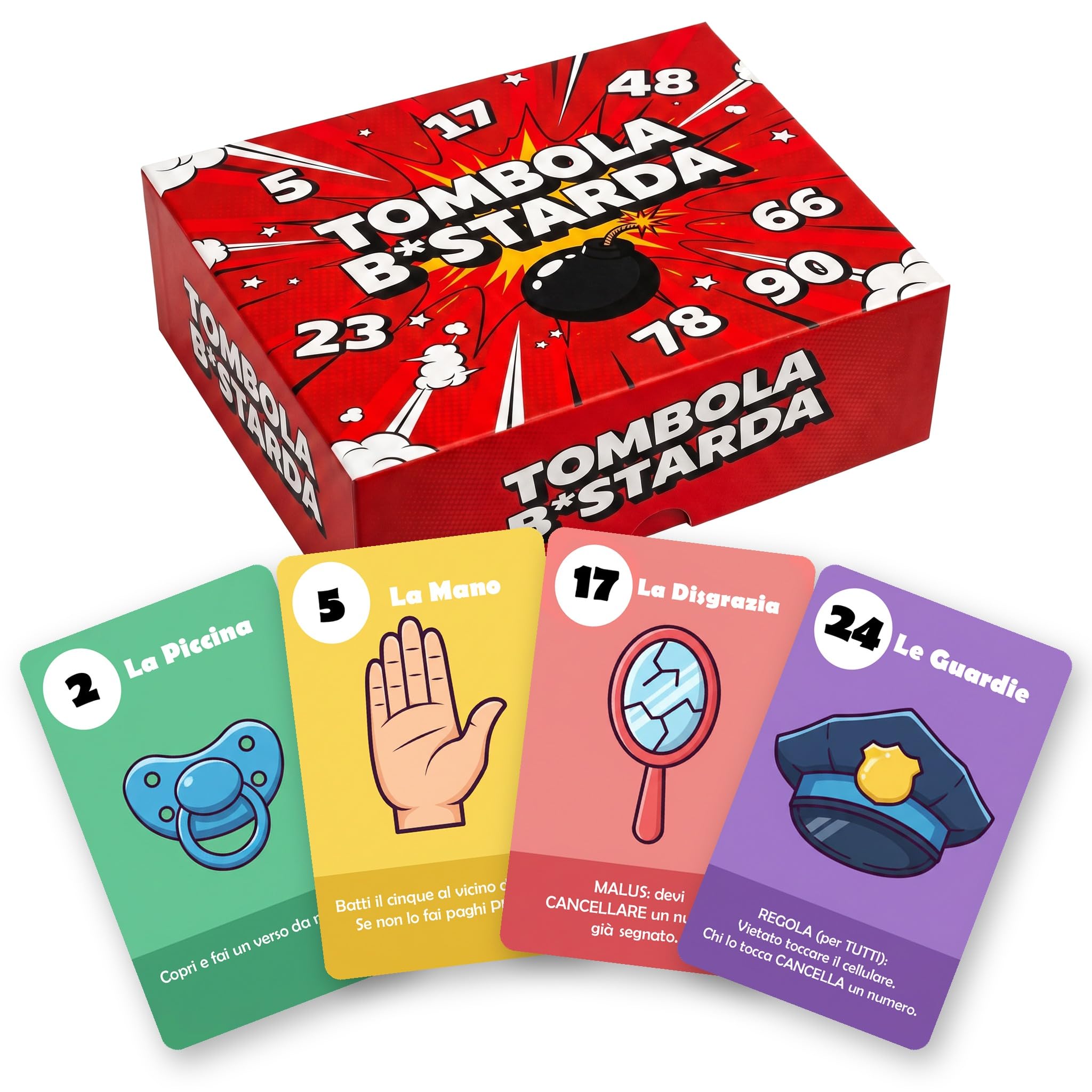 TOMBOLA B*STARDA - Party Game per Famiglia e Amici - Tombola Rivisitata con 90 Carte che Cambiano la Partita - Gioco di Società per Serate, Cene e Feste - da 2 a 18 Giocatori, 14+