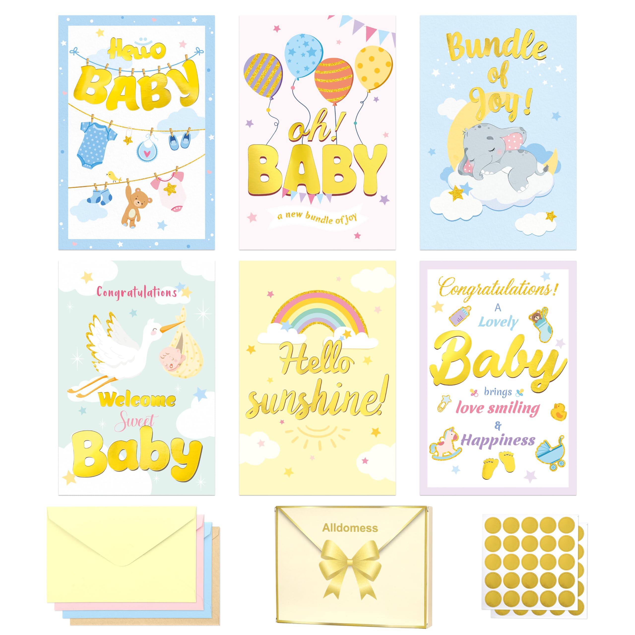 36 Pack Gold Foil Baby Shower Cards, Welcome Newborn Cards with Envelopes