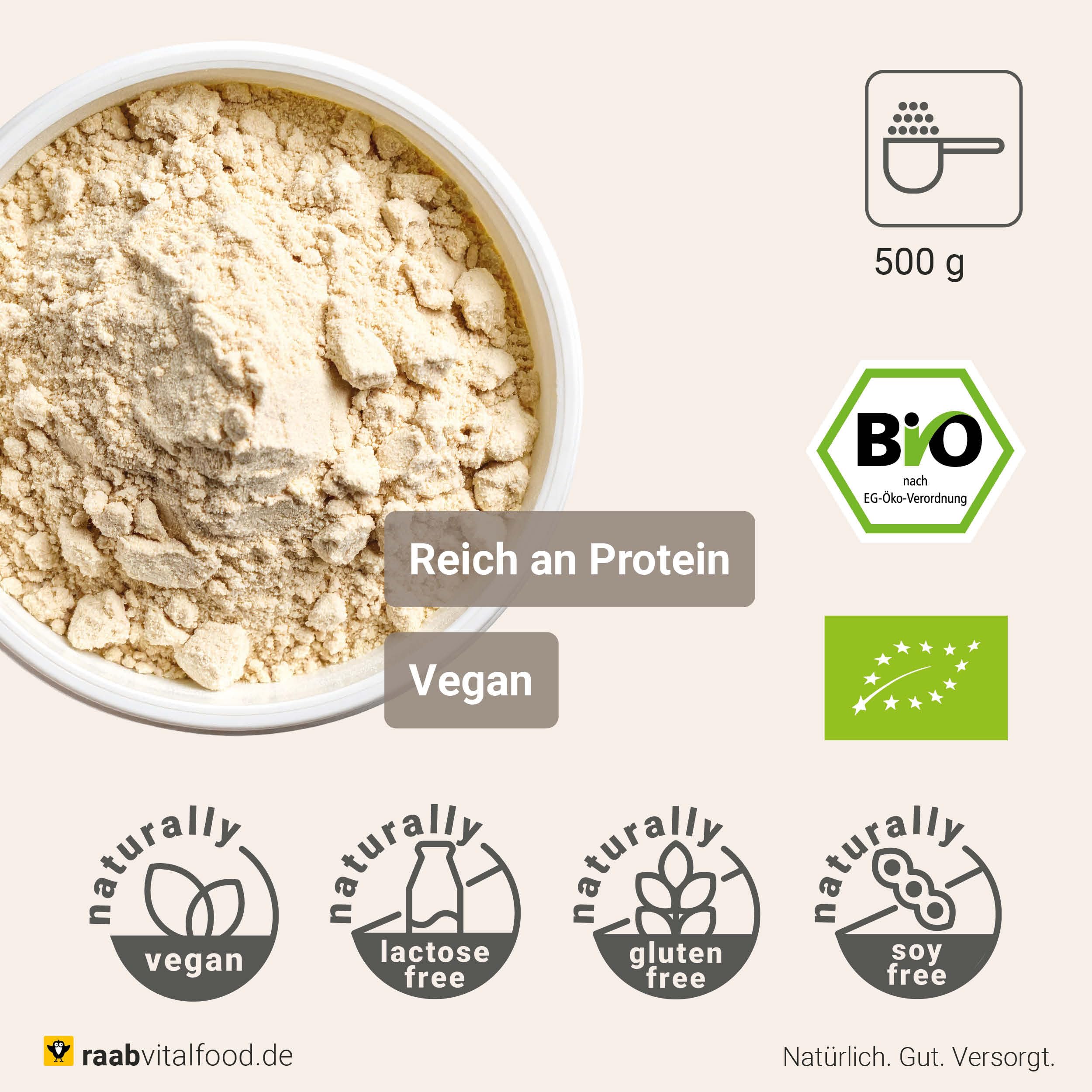 Raab Vitalfood® Bio Protein Shake Pur (500 g) - vegan & ohne Soja, Pur ohne Zusätze, Protein-Pulver mit 78 % Proteingehalt, neutraler Geschmack, glutenfrei, laktosefrei