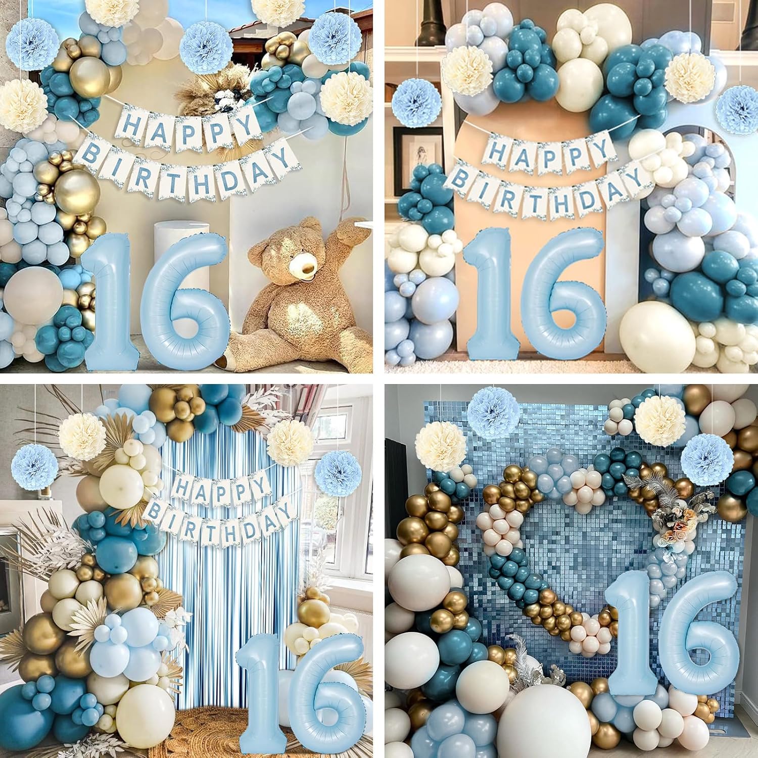 Sweet 16 Party Decorations, Light Blue 16th Birthday Decorations for Girls Boy 16th Happy Birthday Banner Tablecloth Fringe Curtain Cake Topper Paper Pom Poms for Girl Boys Sweet 16 Birthday Decor - Image 7