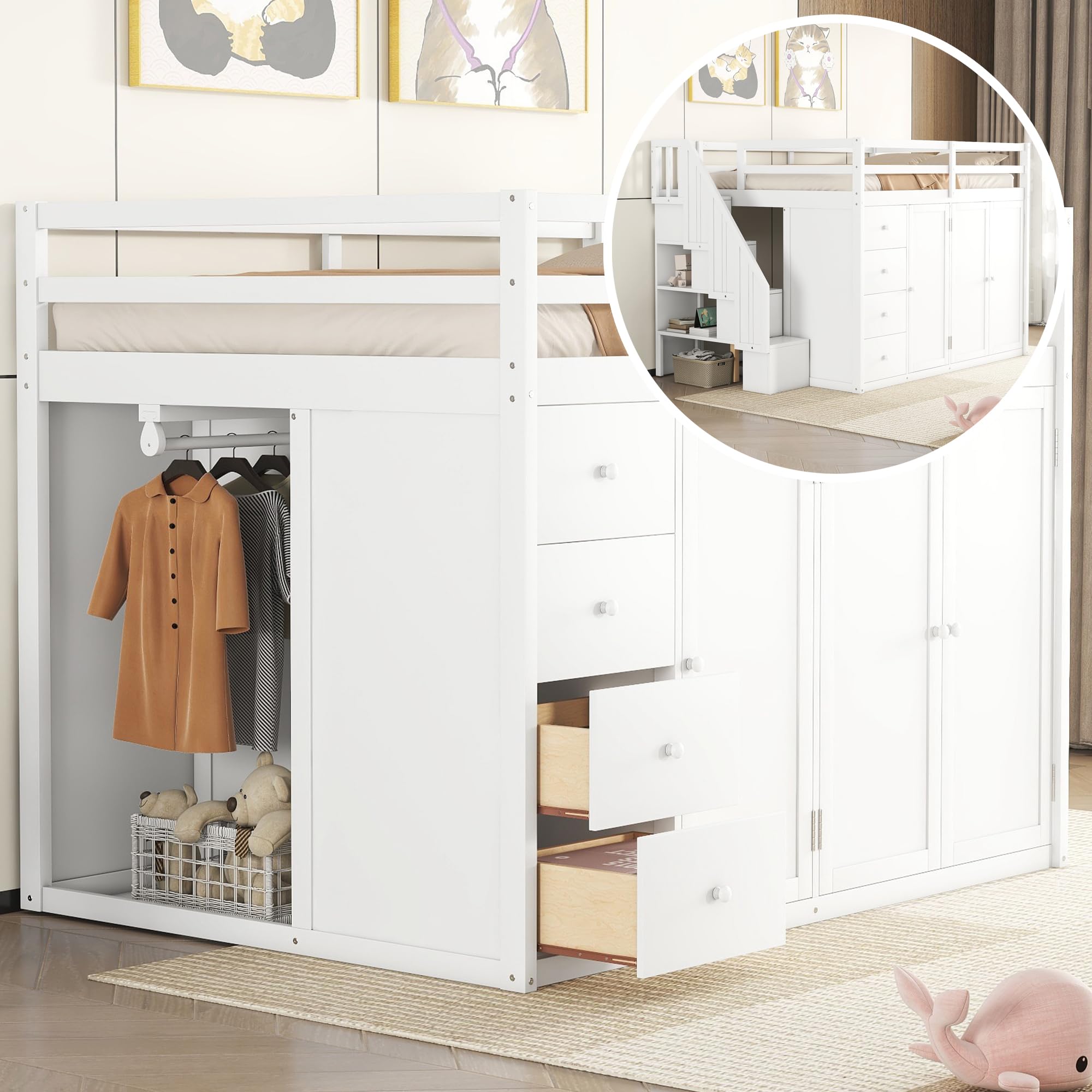 Full Size Multifunctional Loft Bed with Built-in Wardrobes, Cabinets and Drawers, Modern Wooden Loft Bed Frame with Storage Staircase and Guardrail for Kids Teens Adults,Space-Saving Design (White-03)
