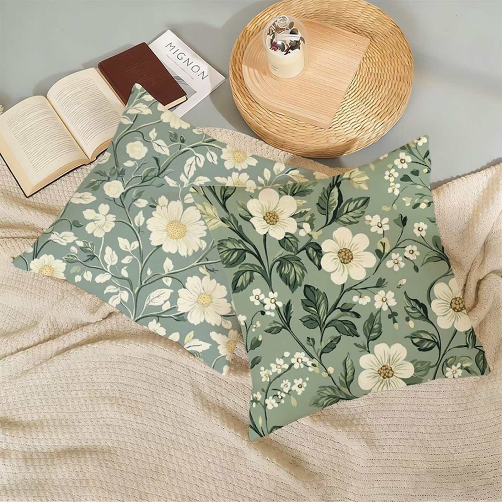Juego de 2 Funda Cojin 80x80 cm Verde Salvia,Cuadrada Impermeable Fundas Cojines Rural Lino Impresión a Doble Cara con Cremallera Oculta,Apto Todas las Estaciones Funda Almohada para Sofá Salón X-259