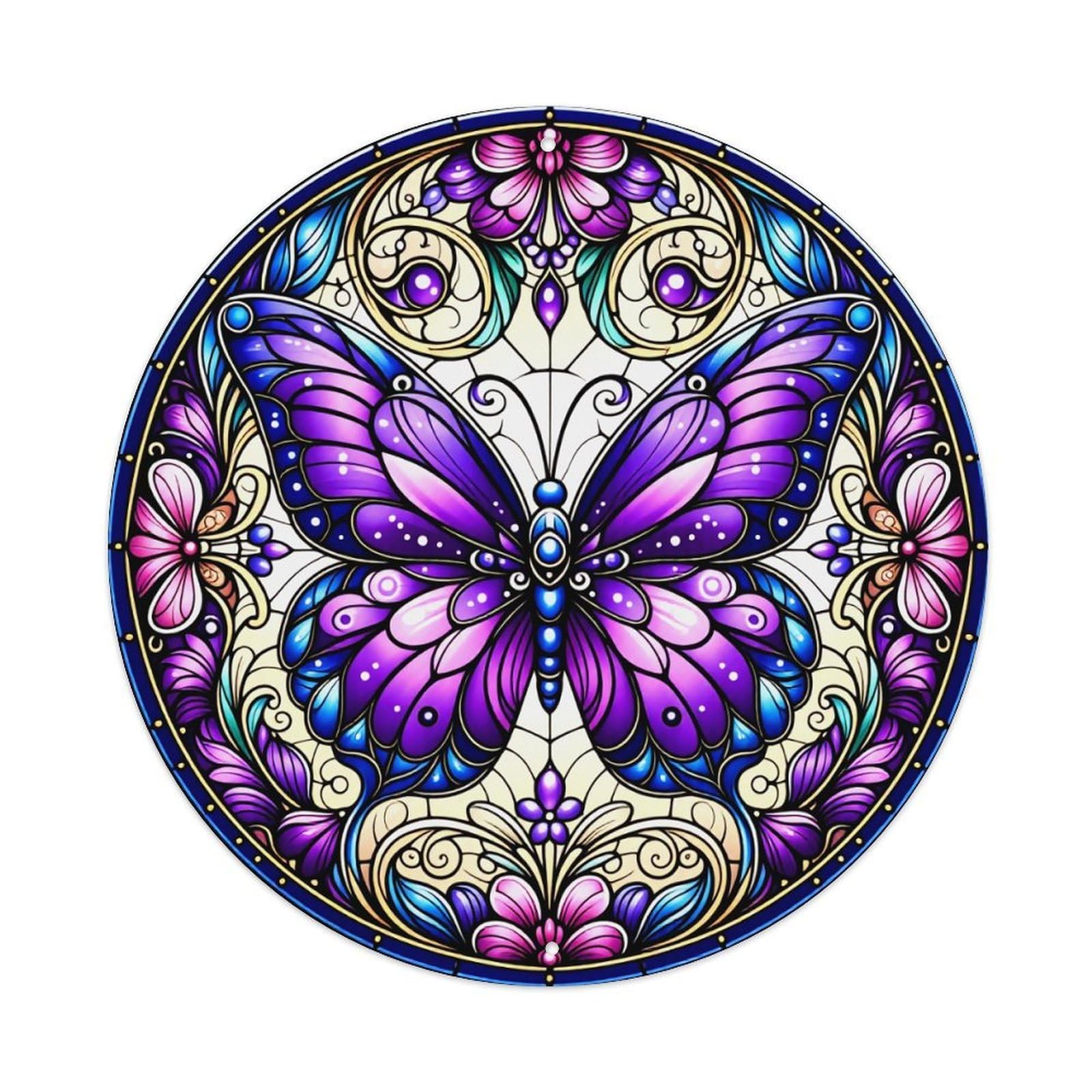 Stained Glass Butterfly Floral Pattern Round Tin Sign Vintage Metal Poster Retro Bar, Home, Man Cave, Kitchen, Laundry Room Wall Art Decor Gift 8x8In