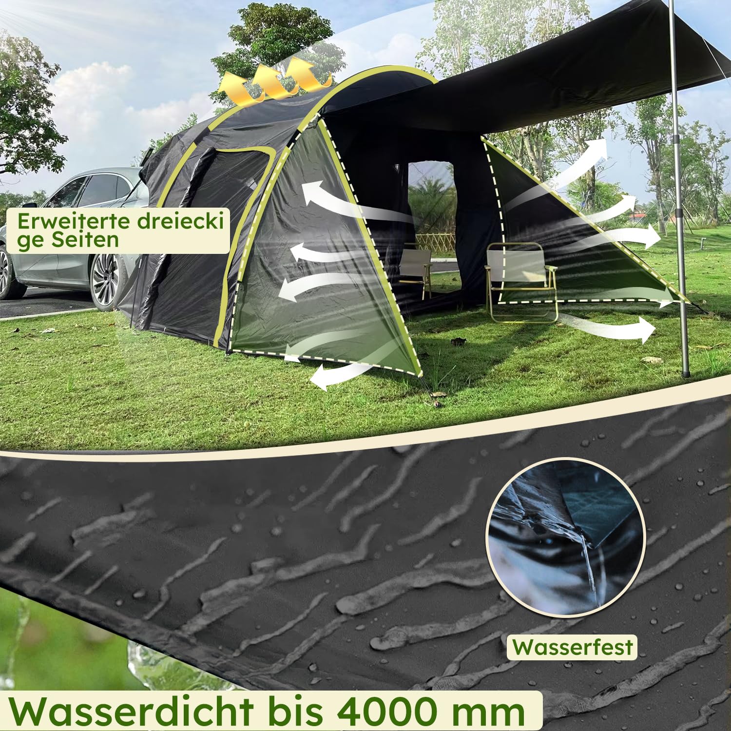 Tenda posteriore auto per 6 persone, grande tenda posteriore SUV con impermeabile Canopy, 300 x 300 x 220 cm, tenda posteriore auto combinata con colonna d'acqua da 3000 mm, tenda posteriore per SUV