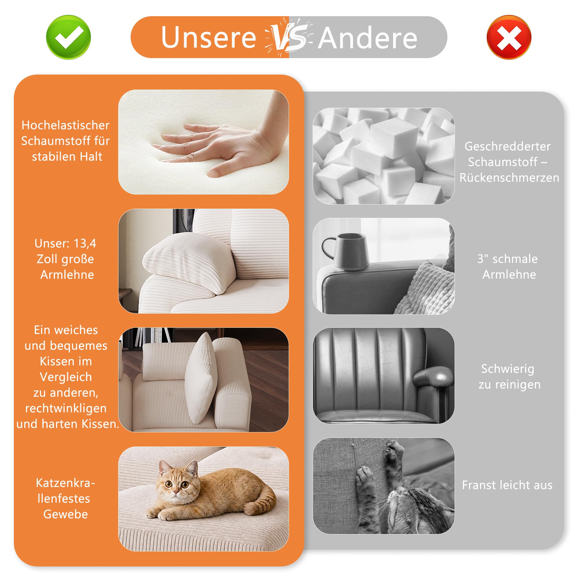CDQL Sofa Boneless, 264 cm, bez montażu, do salonu, kremowo-biała