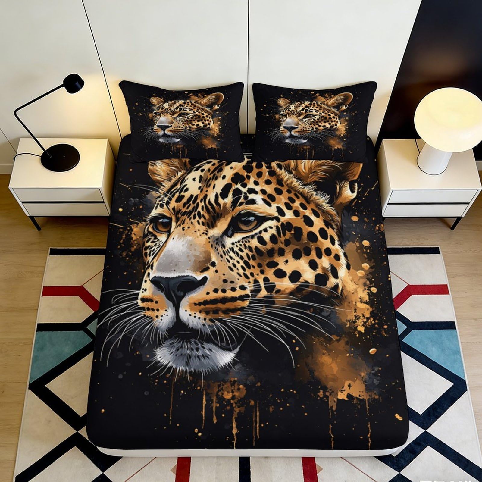 3D Printed Leopard Fitted Sheet Microfiber Soft Breathable Panther Bed Cover for Bedroom Dormitory Guest Room Mattress Protection Decor 160x200x25cm