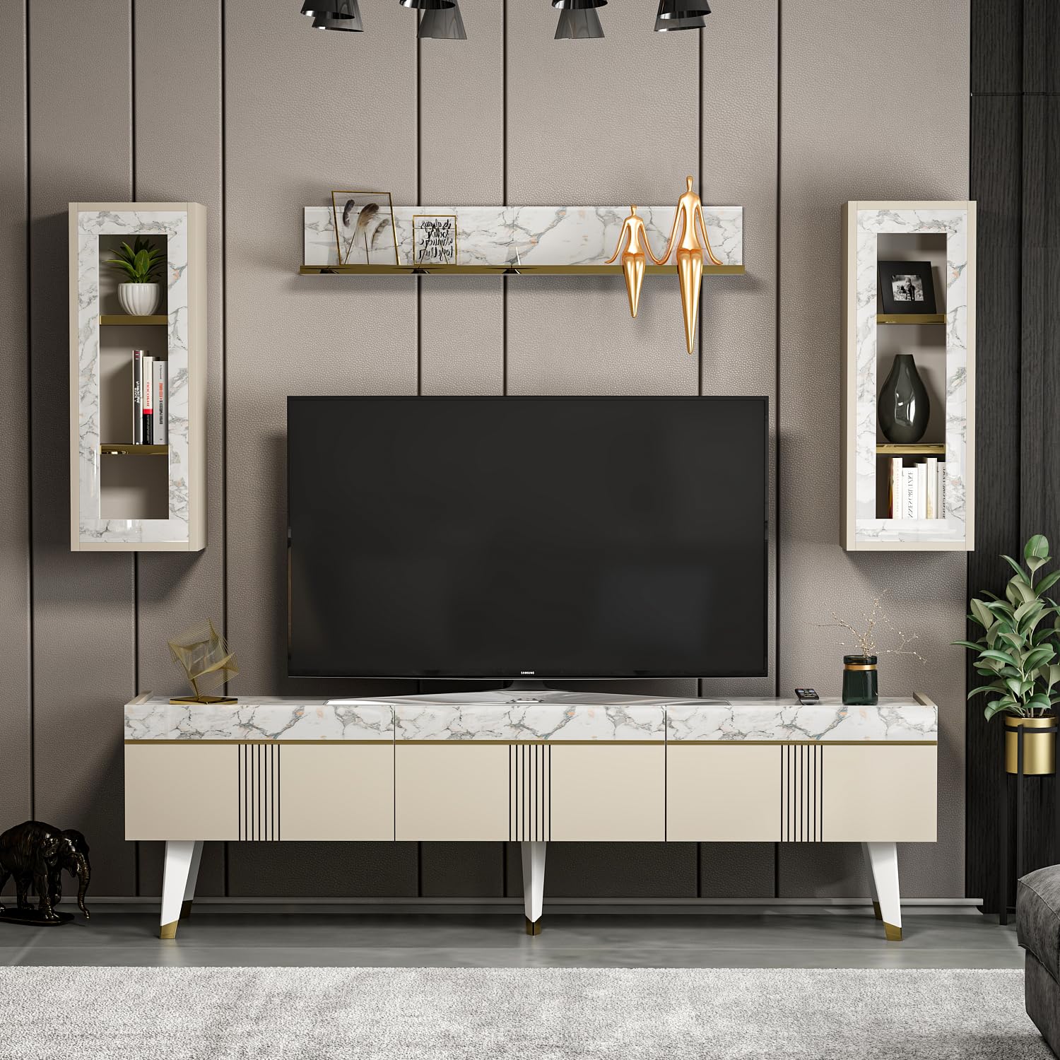 Homidea Karya - Mobile TV da soggiorno, con 3 ante dal design moderno (Beige/Marmo)