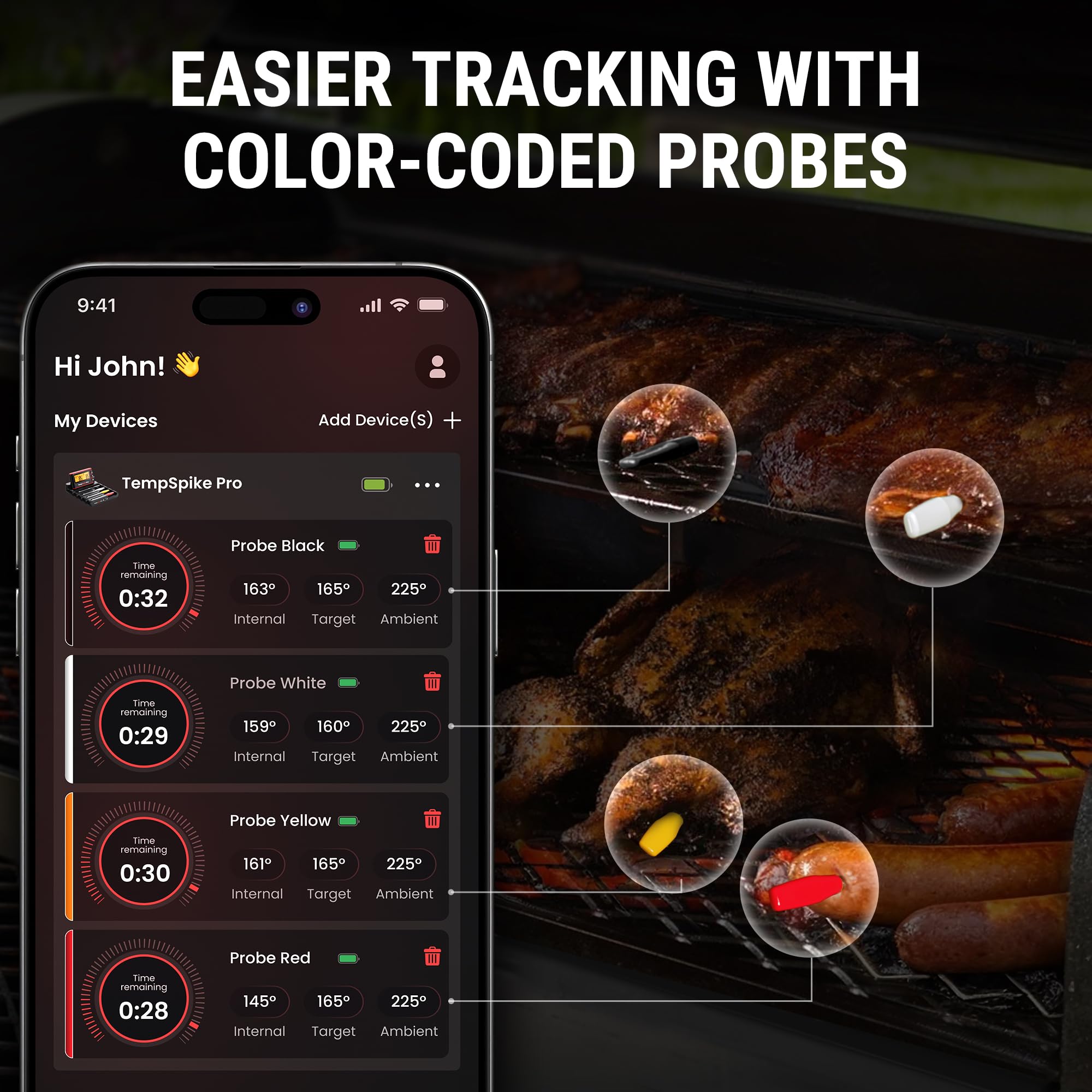 TempSpike Termometro per carne digitale senza fili con app, Wifi e Bluetooth, termometro per barbecue ad alta precisione, sonde impermeabili e resistenti al calore, base ricaricabile