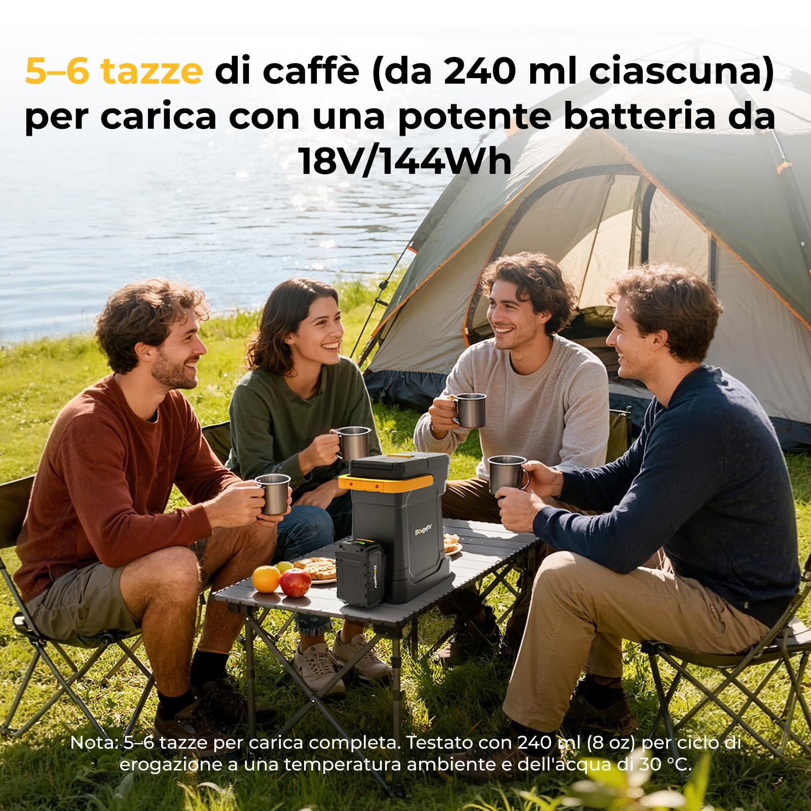BougeRV Macchina da Caffè a Batteria 144Wh (8Ah), da Campeggio | AC 230V, 6 Tazze da 240ml, Caffettiera Portatile per Caffè Macinato e Cialde, Coffee Maker per Cantiere, Camion e Camper