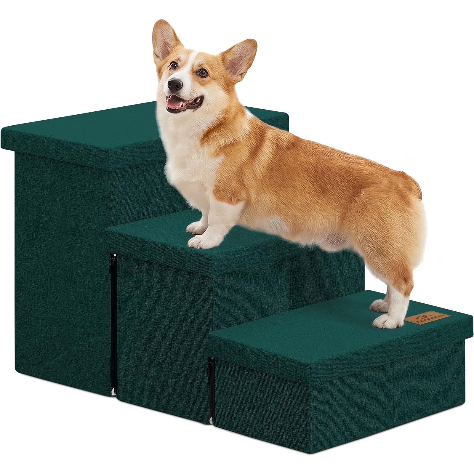 Zerbuger Dog Stairs with Storage, Dark Green 3 Steps Dog Ramp no Condo