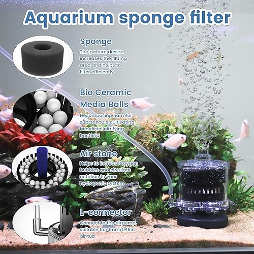 Miniatura 4 de AQQA Filtro de esponja para acuario, filtro de tanque de peces de 5 a 20 galones, filtro de acuario pequeño alimentado por aire, filtro de burbujas
