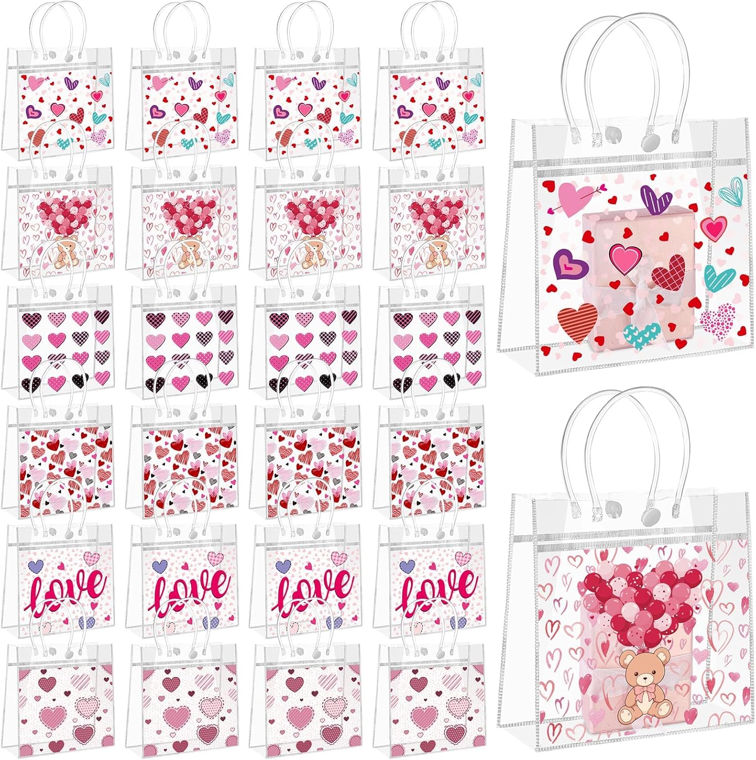 24Pcs Valentines Day Gift Bags Bulk Clear Plastic Gift Bags with Handle PVC Treat Goodie Bags for Valentine Galentines Day Wedding Anniversary Birthday Party Favor, 6 Styles 7.87 x 7.87 x 3.14"