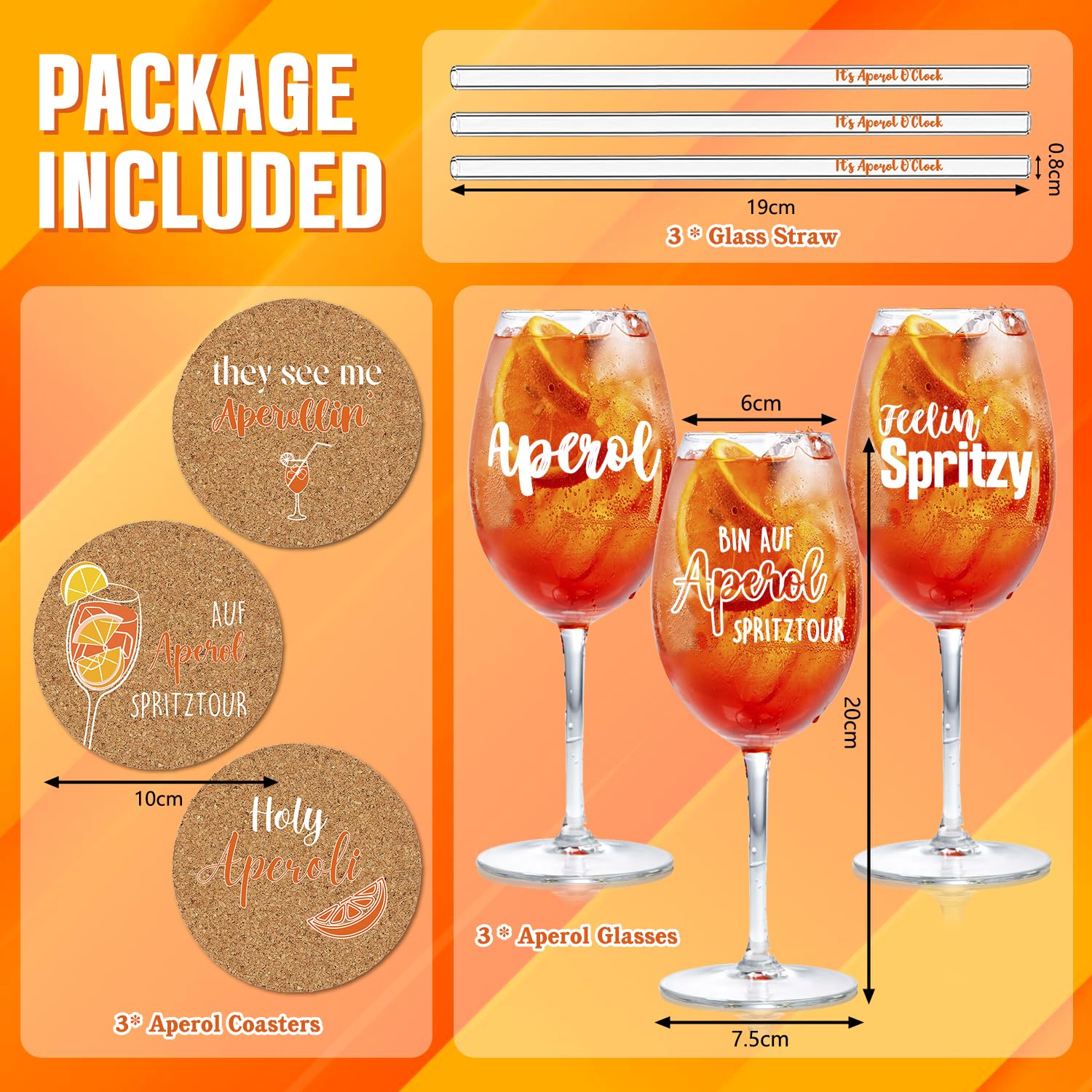Juego de 3 vasos Aperol Spritz de regalo, vasos Aperol Premium, pajitas de cristal Aperol O'Clock, posavasos de corcho, ideal para fans de Aperol (3)
