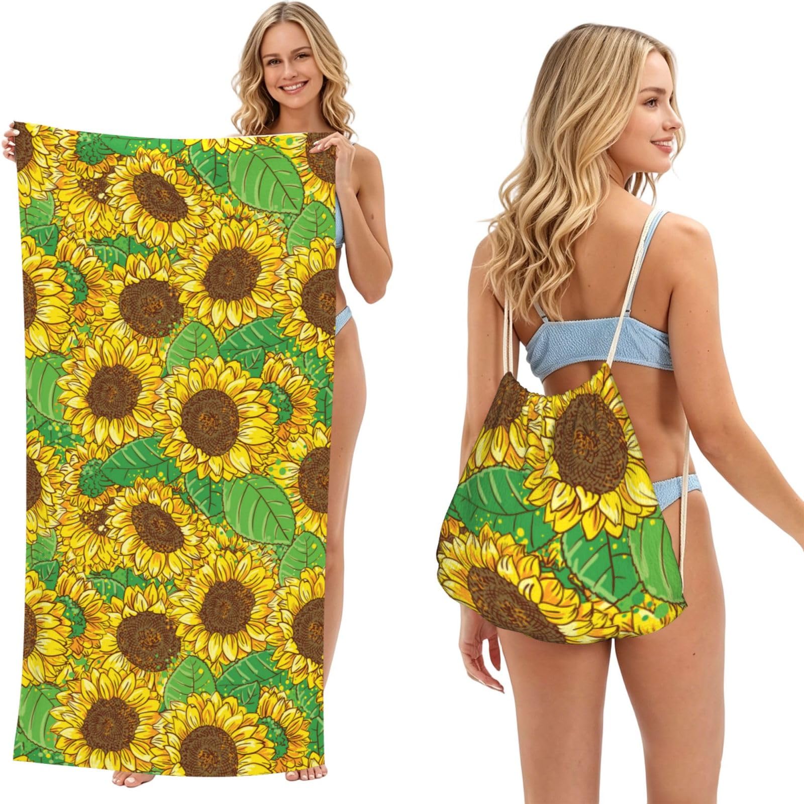 Poadnly As Picture Sunflower, 2 In 1 Packable Towel Bag, Beach Towels With Drawstring Backpack For Travel Holiday Camping