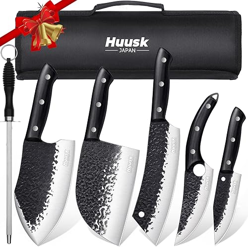 Huusk Juego de cuchillos de cocina de 7 piezas, cuchillo japonés forjado a mano, cuchillo serbio y cuchillos de carnicero, cuchillos vikingos y