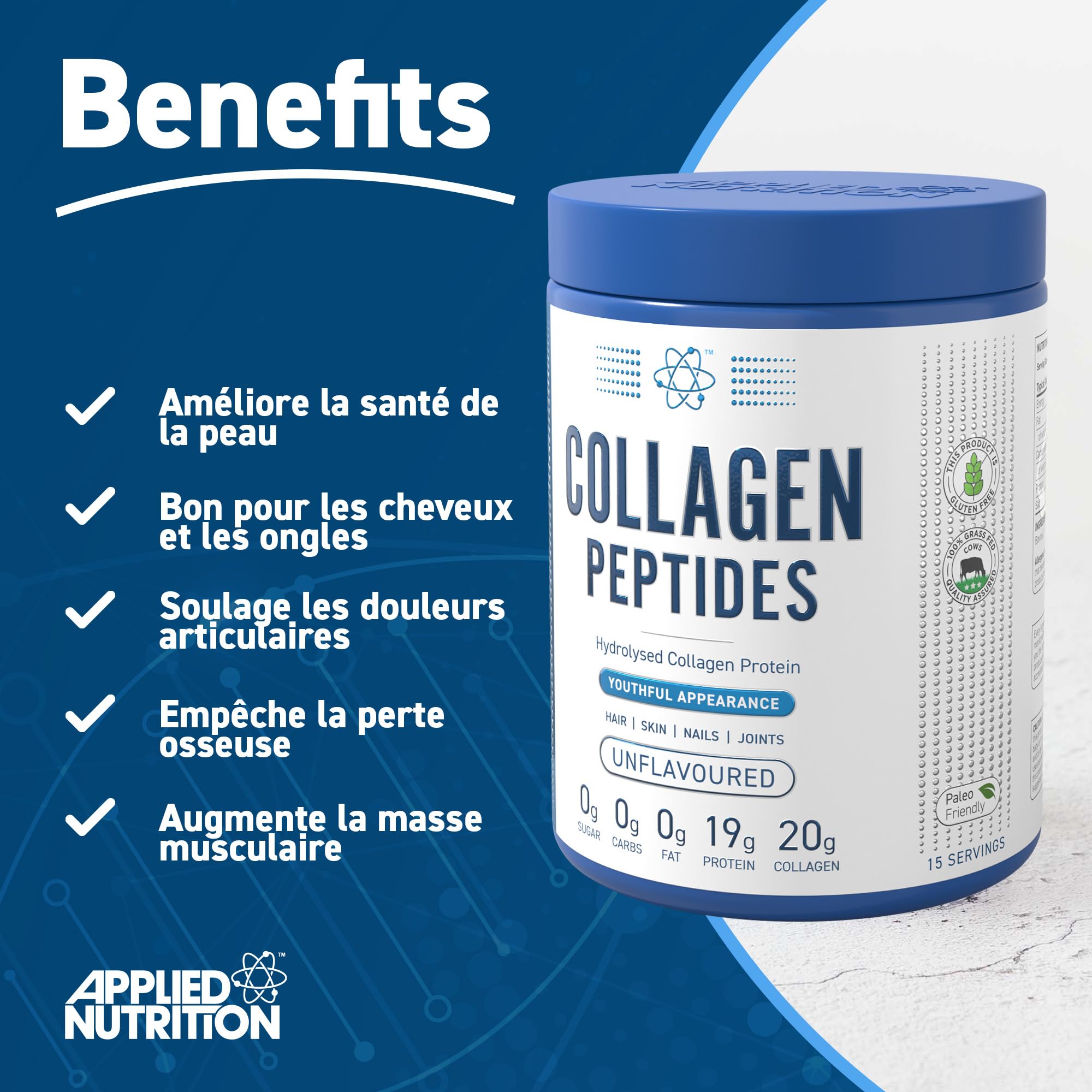 Applied Nutrition – Peptides de Collagène en Poudre – Protéine de Collagène Bovin Hydrolysé Halal – Bon pour la Peau, les Cheveux et les Ongles (300 g – 15 Portions)