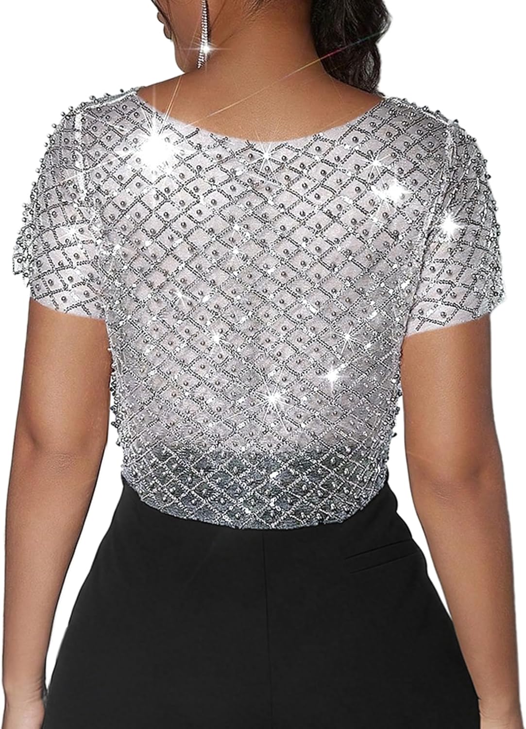 Remidoo Women Sparkly Rhinestone Mesh Crop Top See Through Short Sleeve Cropped Shirt - Image 2