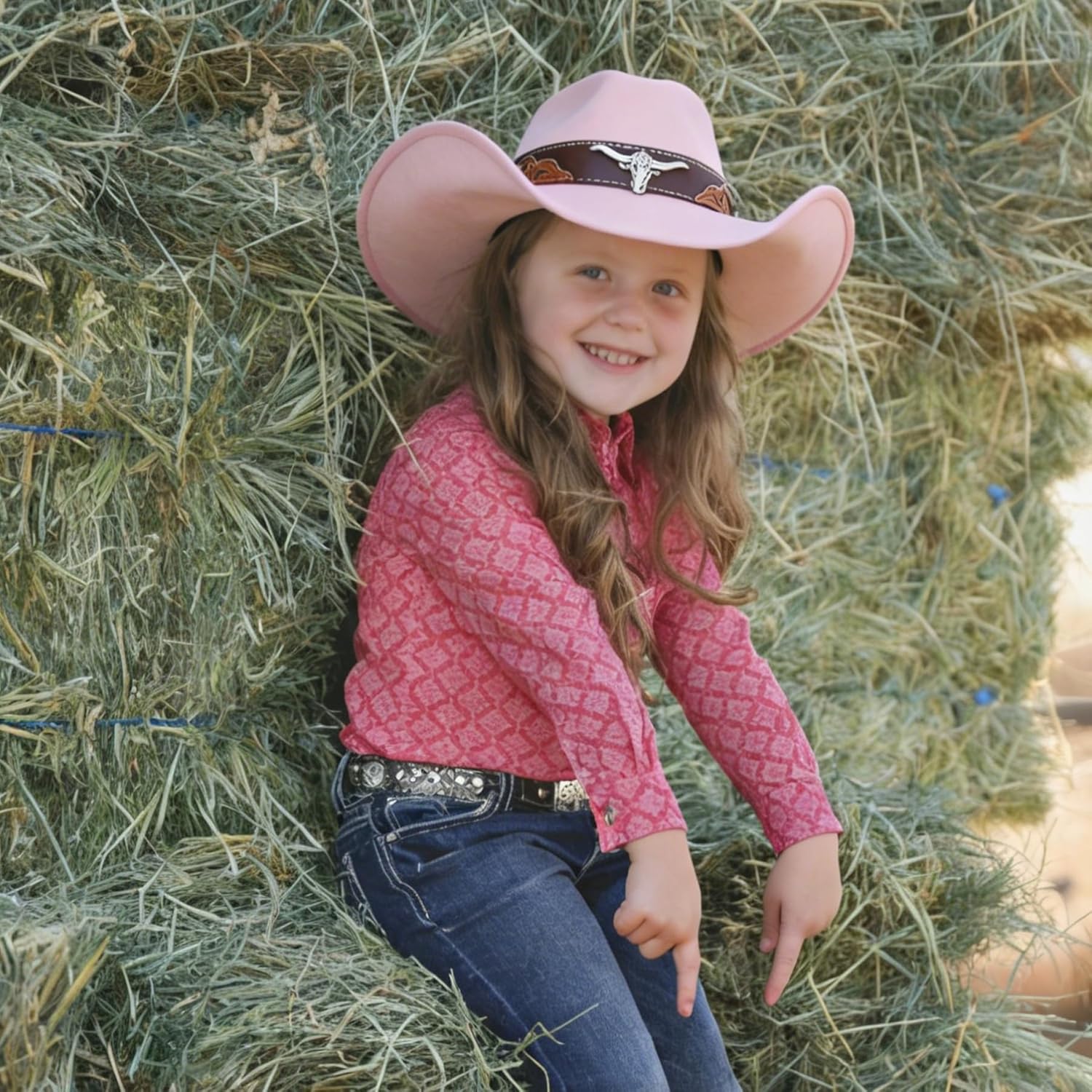 Jastore Kids Girls Boys Cowboy Cowgirl Hat Western Wide Brim Felt Fedora Hat with Buckle Belt