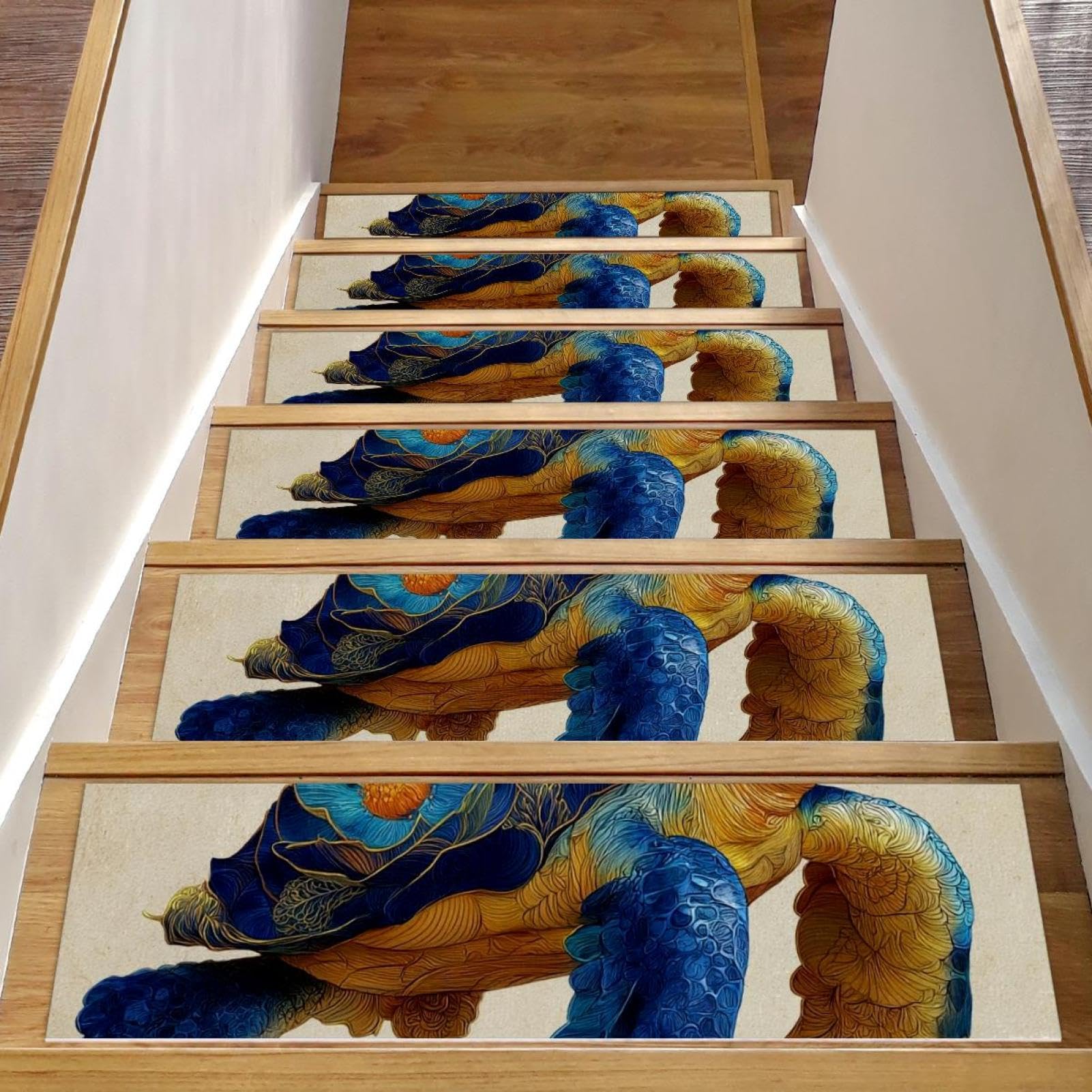 Tapis d'escalier en bois motif tortue lot de 15 marches 20x76 cm