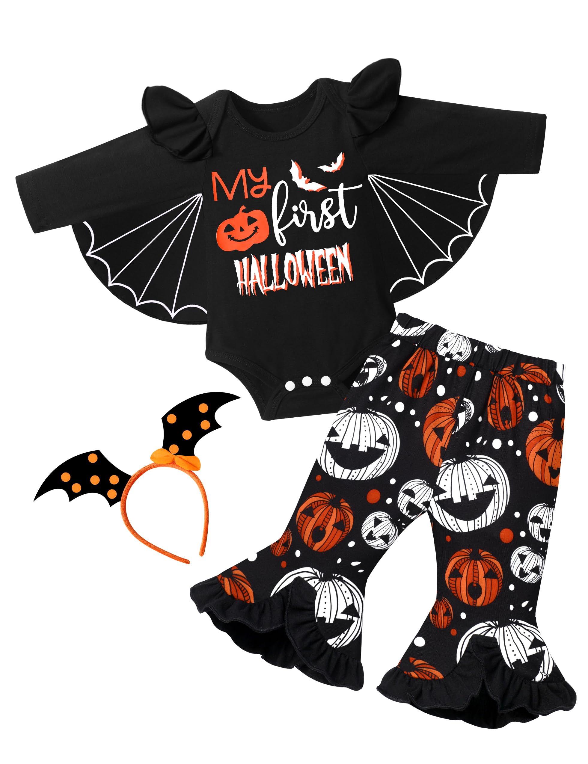 BoiltcatMy First Hallo Ween Outfit Girl Batwing Baby Girl Hallo Ween Outfit Long Sleeve Romper Flare Pants Headband 3Pcs Set