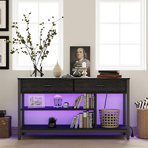 Miniatura 2 de IRONCK Soporte de TV con luces LED, centro de entretenimiento con toma de corriente para TV de 55 pulgadas, consola de TV industrial con estante de