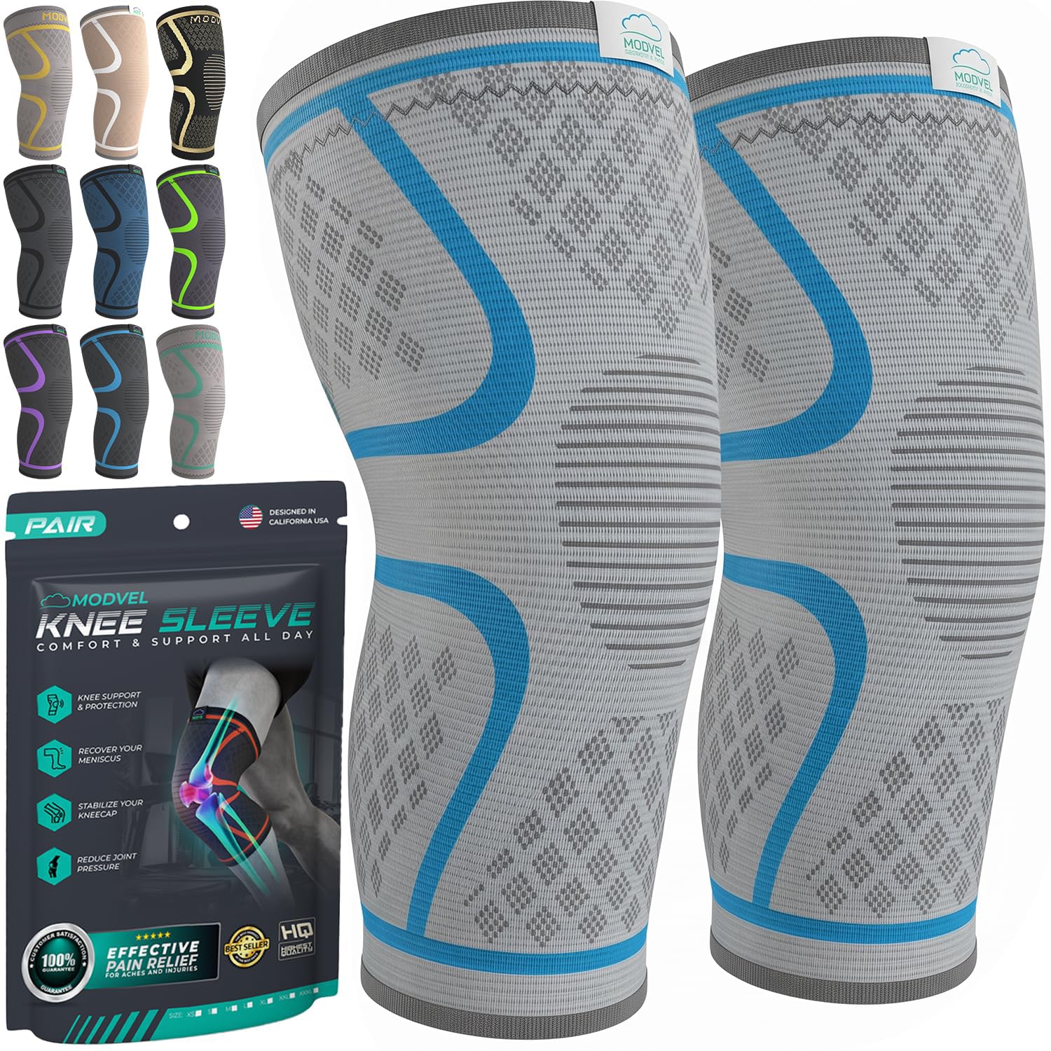 Modvel Compression Knee Brace 2-Pack Grey Blue XXX-Large | Support for Running, Workout, Sports - main product image
