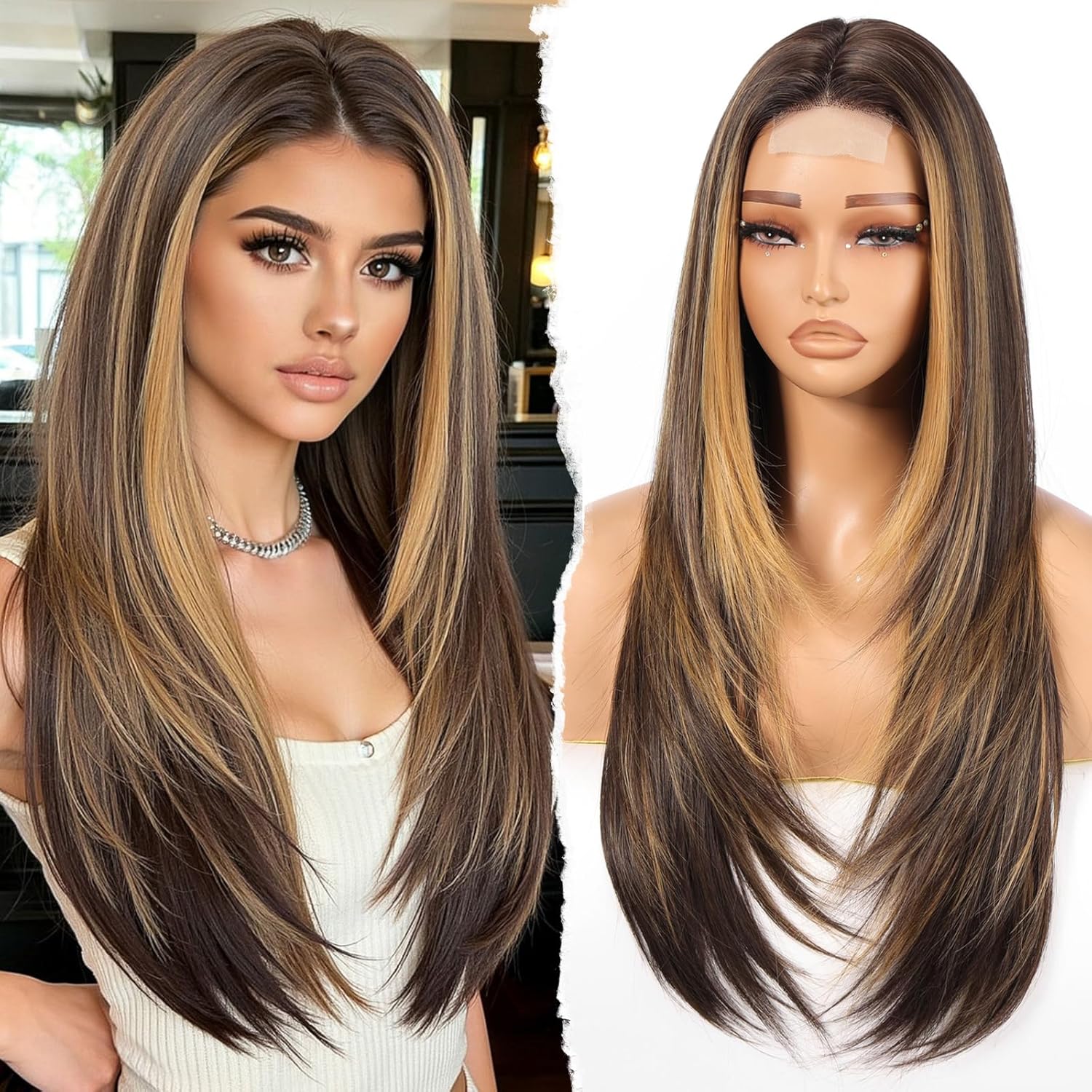 Allbell Highlight Dark Brown Lace Front Wigs For Women lace Hairline Long Straight Layered 26 inch Middle Part Wig Natural Looking Synthetic Heat Resistant Fiber for Daily Party Use