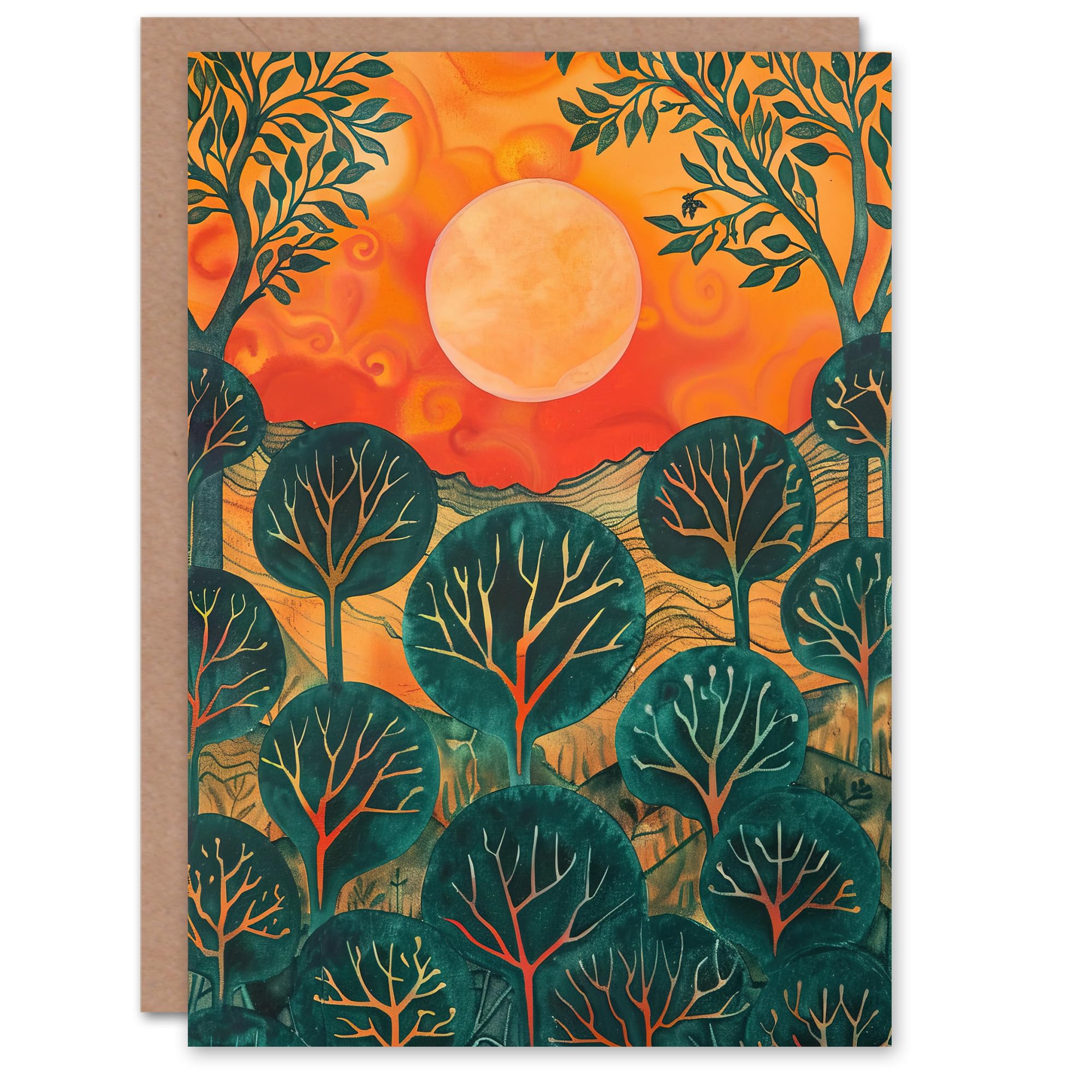 Artery8 Warm Sunrise Over Forest Painting Nature Greeting Birthday Card Him Her All Blank