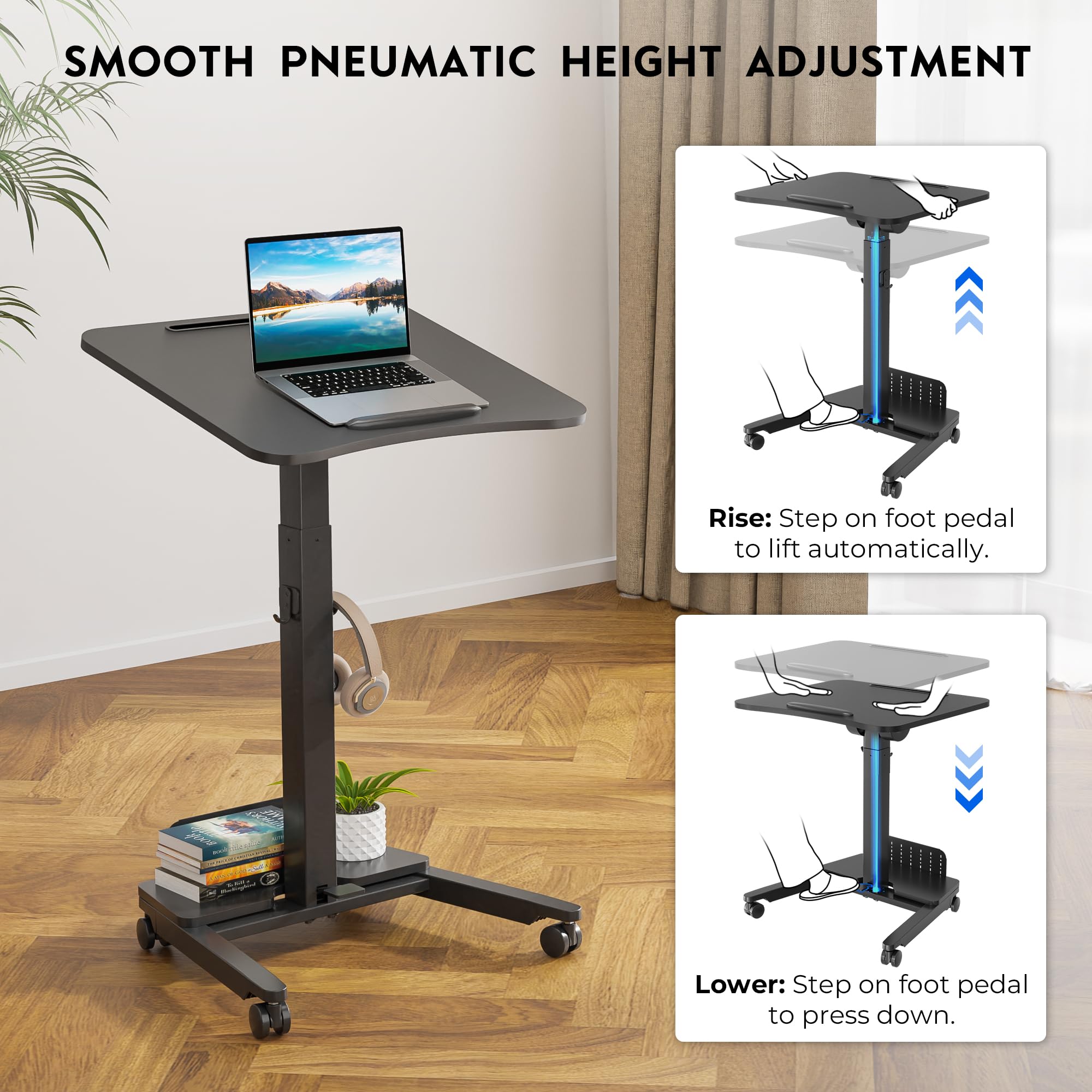 BONTEC Mobile Standing Desk Adjustable Height Rolling Laptop Cart with Storage Shelf Hooks Portable Workstation with Pneumatic Lift — view 4
