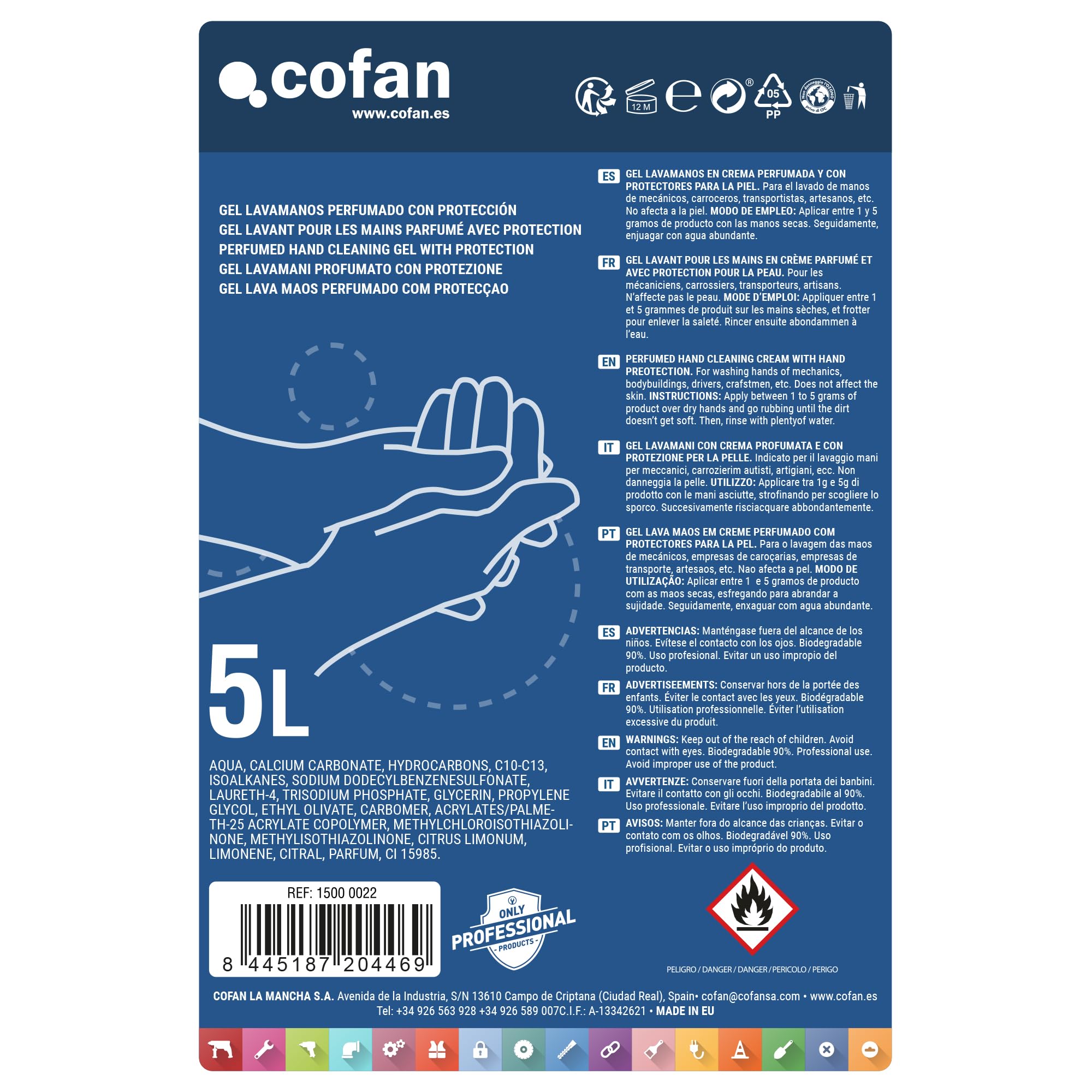 Cofan Gel lavamanos perfumado con protección 5 L | Perfumado en formato industrial | Indicado para actividades profesionales que exigen una buena higiene