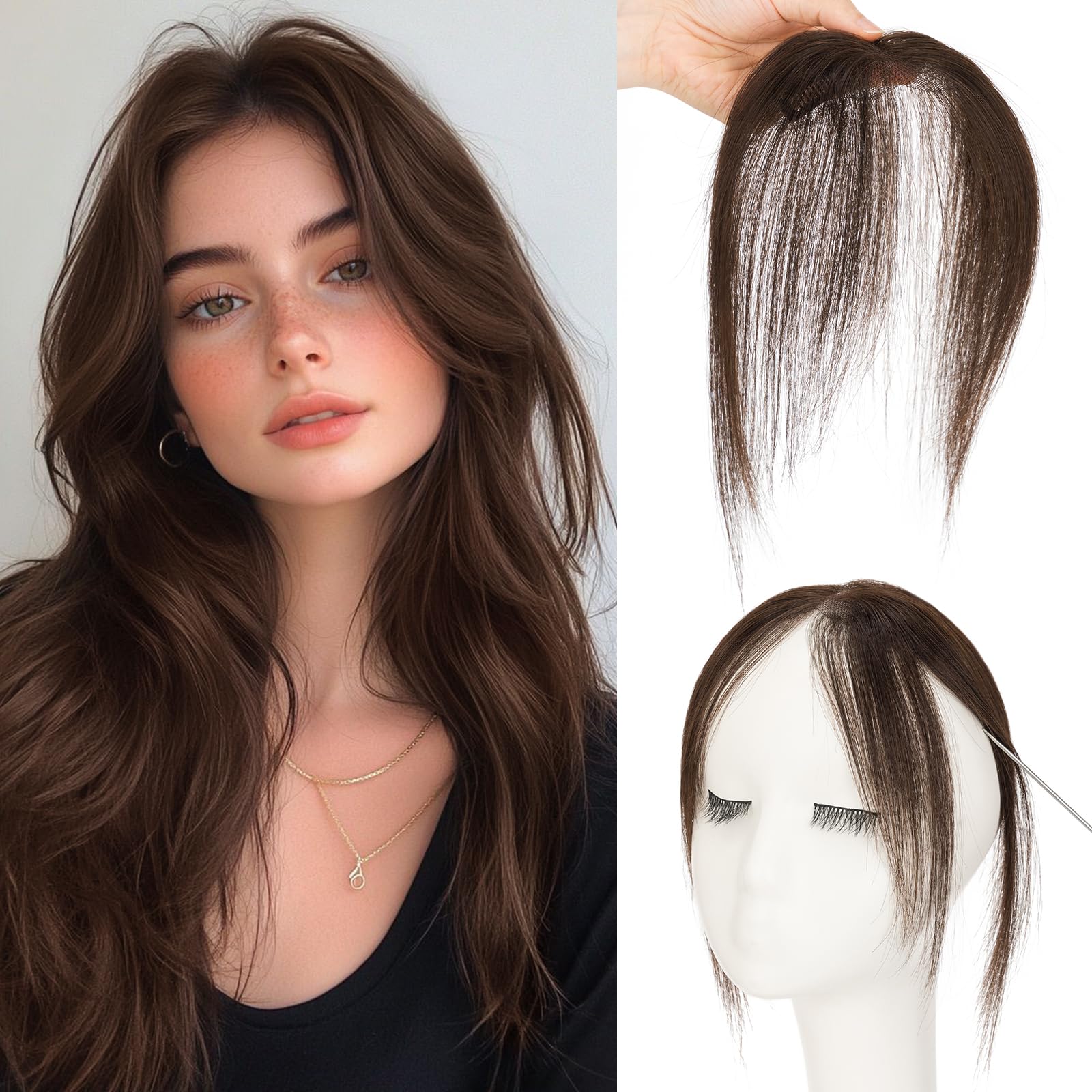 Photo 1 of S-noilite Dark Brown Bangs Hair Clip,Middle Part Clip in Bangs Human Hair Natural Curtain Fringe with Temples Hairpieces for Women Clip on Bangs Daily Wear
