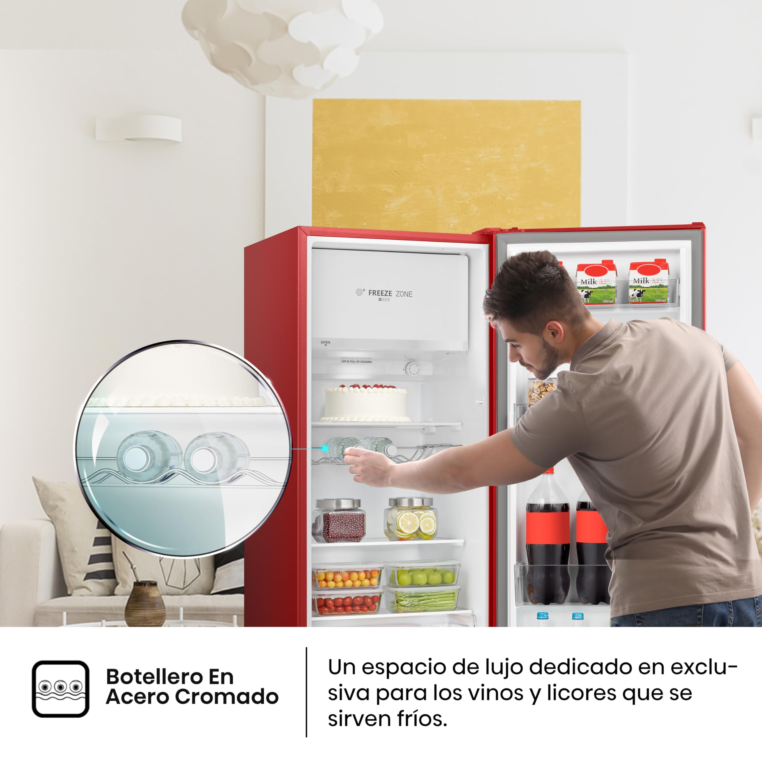 Hisense RR220D4BRE - Frigorífico Una Puerta, Congelador Freeze Zone, 165 L de capacidad, 128 cm alto, Class E, Botellero, Cycle Defrost (Cíclico), Cajón Frutas Y Verduras, Color Rojo